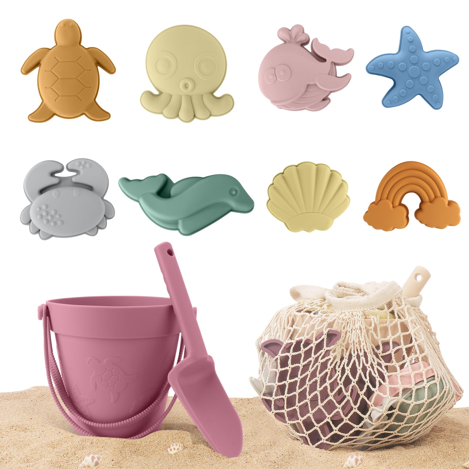 11 Pcs Silicone Beach Toys, Modern Baby Beach Toys for Sand, Travel Beach Set Silicone Sand Toys for Toddlers, Kids, Include Silicone Bucket Shovel Cotton Bag