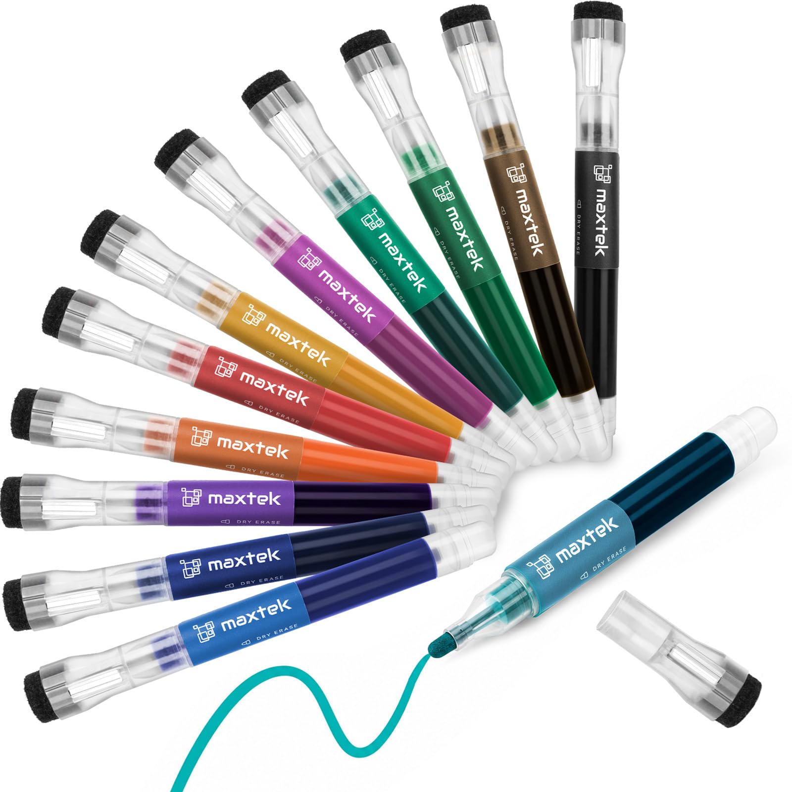maxtek Whiteboard Pens, Visible Window & High-Capacity Liquid Ink, Bullet Tip, 12 Colorful Magnetic White Board Pens with Eraser for Teachers & Office Supplies