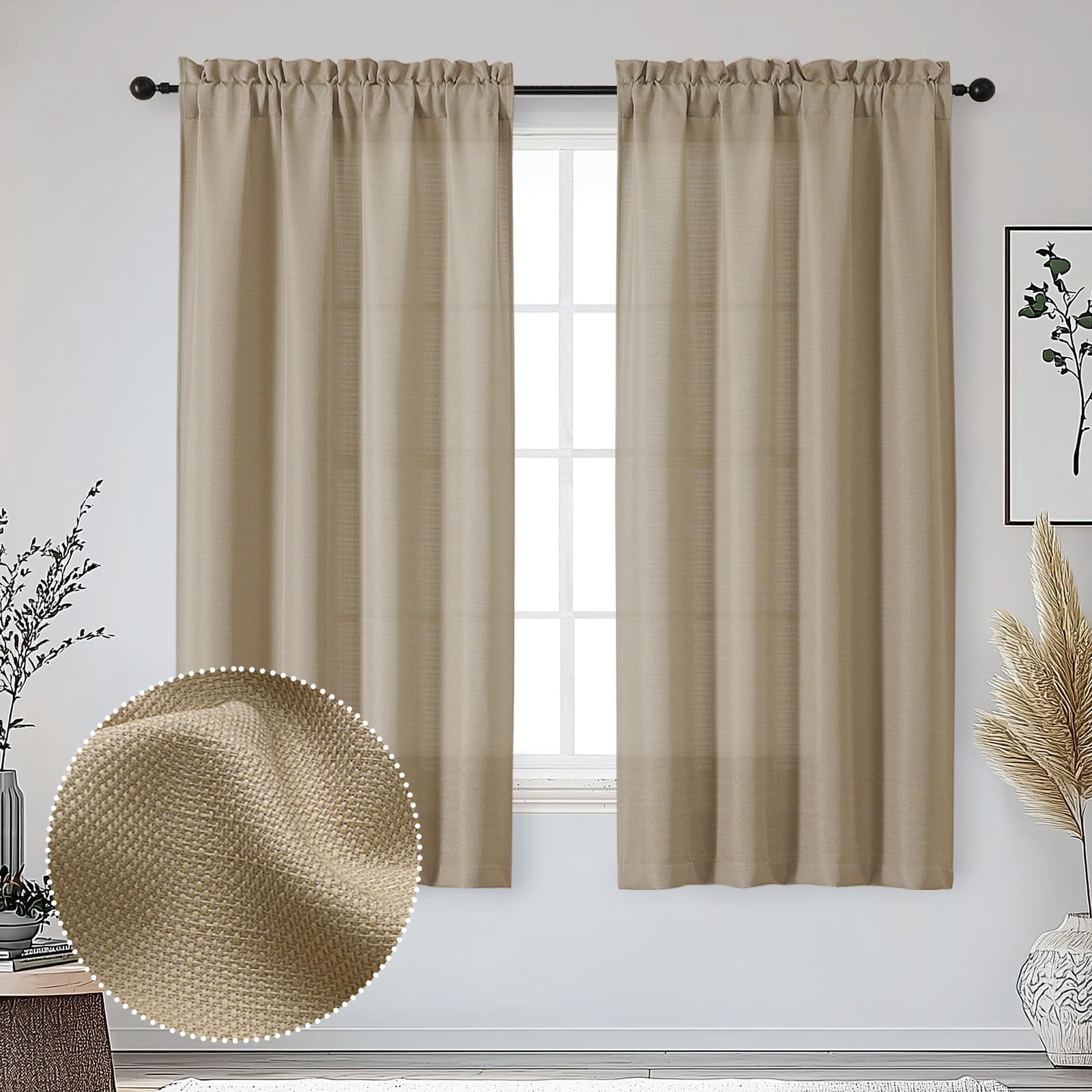 OWENIE Bob Camel Curtains 63 Inch Length 2 Panels Set for Living Room Bedroom, Light Filtering Faux Linen Textured Soft Window Curtain, Airy Soft Rod