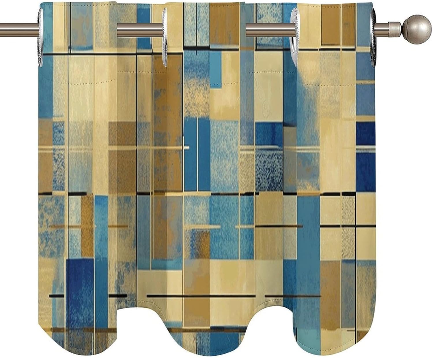 Blue and Beige Squares Valance for Windows, 2 Pack Kitchen Curtains Modern Home Decor, Soft Blackout Window Curtains for Living Room & Bedroom, 18 X 52 Inch