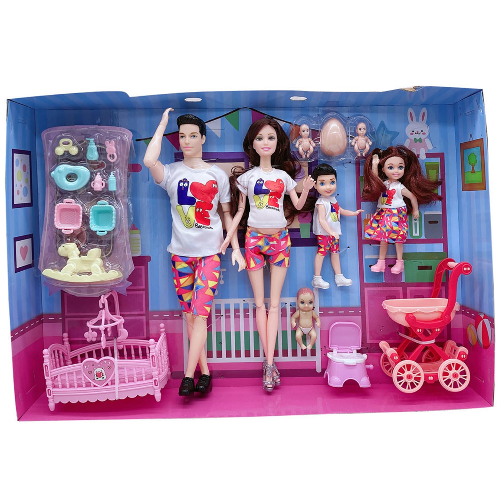 Jorzer Bambola di famiglia, bambola incinta con articolazioni mobili con bambino nella pancia, set di 5 papà e 2 bambini per l'educazione e accessori per la casa delle bambole, giocattoli giochi.