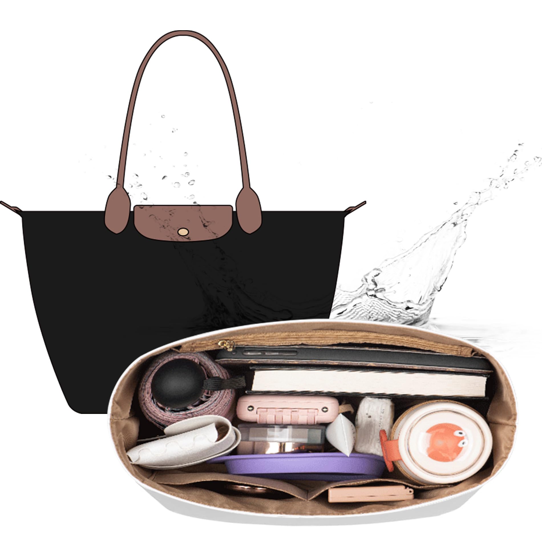 Organizer für Longchamp M, Taschenorganizer für Longchamp M, Taschen Organizer Shopper für longchamp Le pliage M, Multifunktionalen Dupontpaper Handtaschen Organizer mit Becherhalter, Weiß