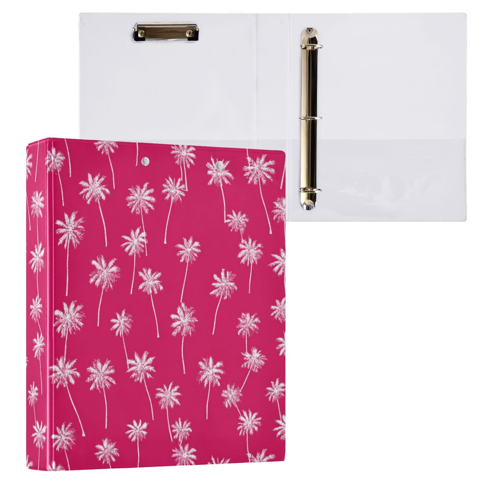 Kcldeci Raccoglitore a 3 anelli con copertina rigida, motivo palme su rosa, 3,8 cm, 200 fogli, per ufficio, casa, rientro a scuola, confezione da 2