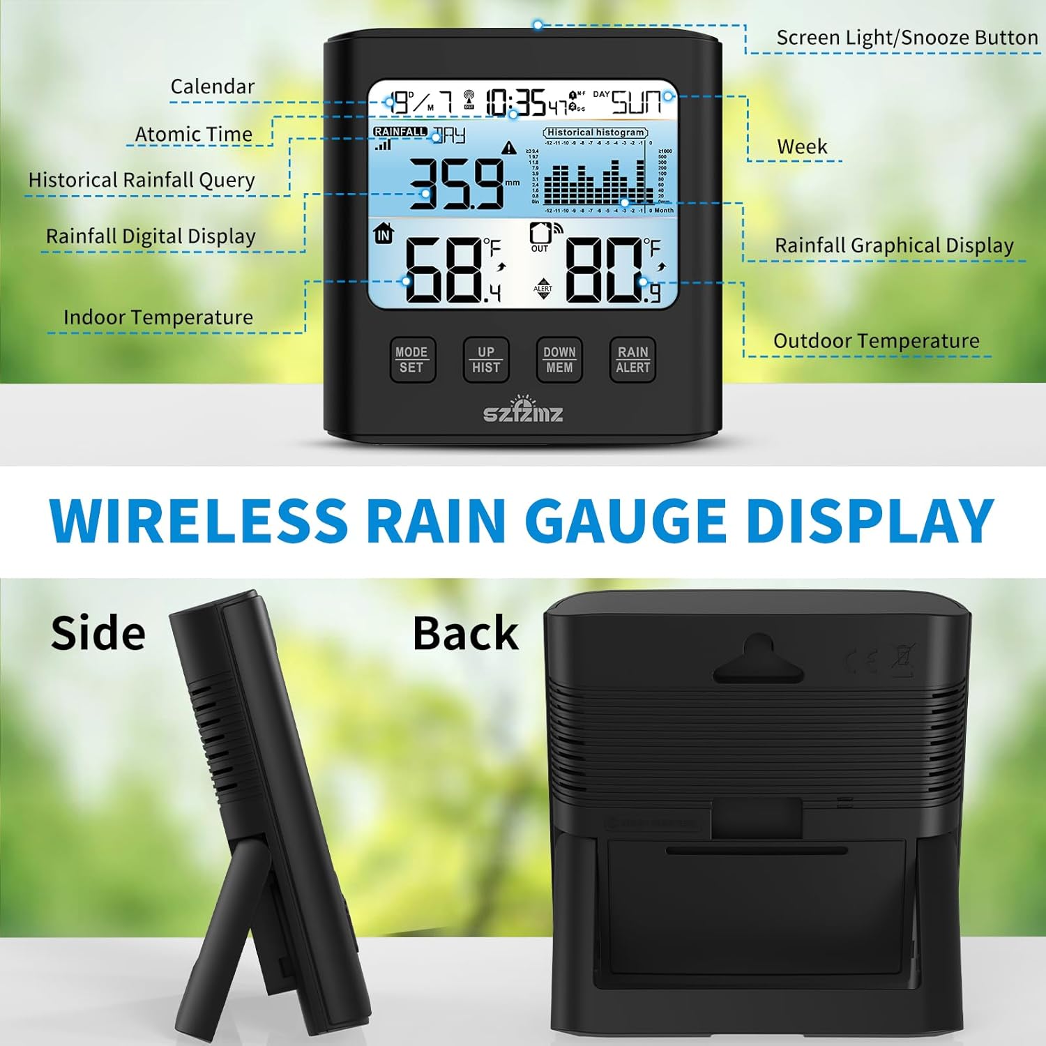 Labeled diagram of the wireless rain gauge display unit