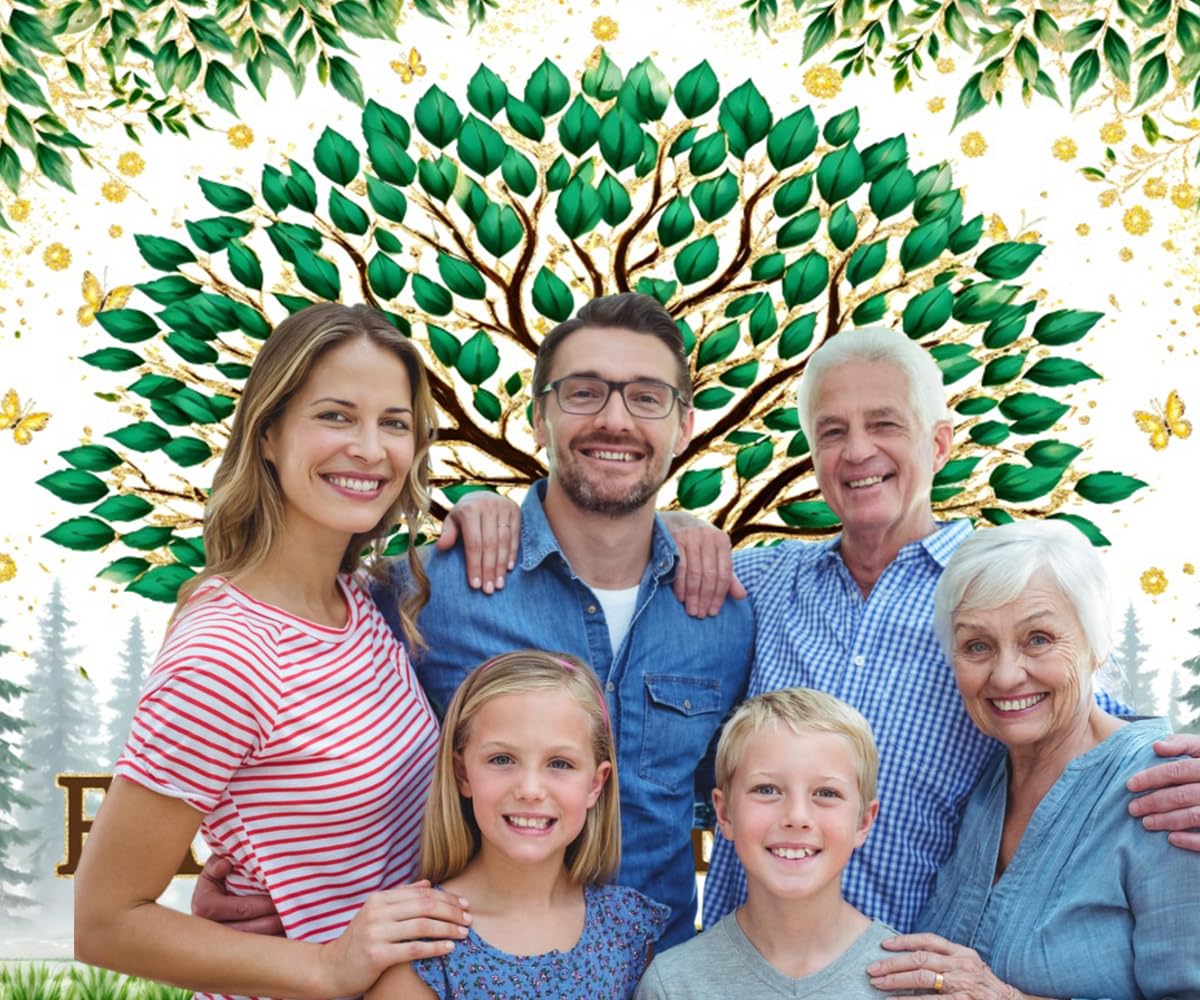 Toile De Fond Pour Réunion De Famille - 3 X 2,1 M - Motif Feuilles D'arbre Généalogique - Bienvenue à Nos Membres De La Famille - Décoration De Fête