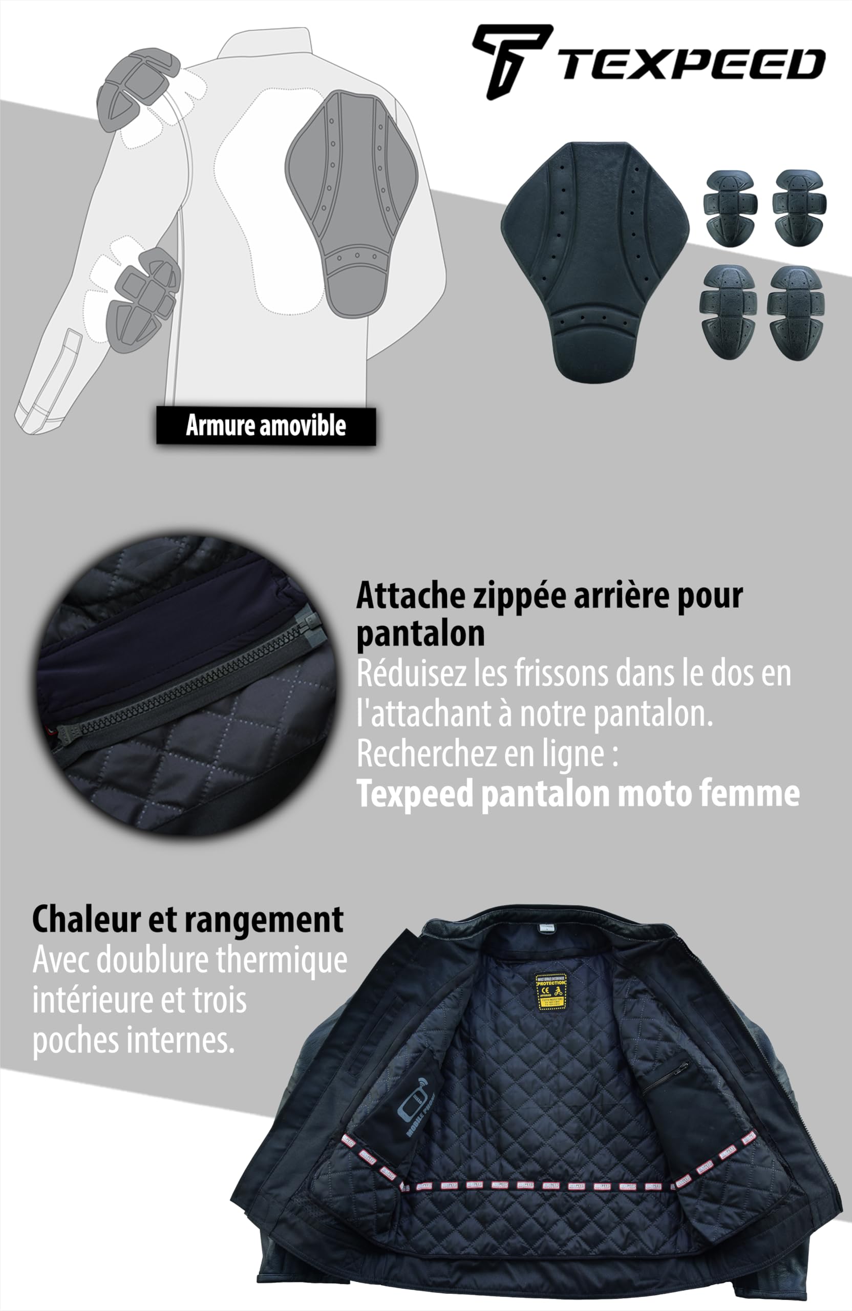 Texpeed Veste moto en cuir pour femme perfect Marlon Brando - Veste de moto de tourisme avec protection véritable biker CE armor (EN 1621-1) Noir - 5XL