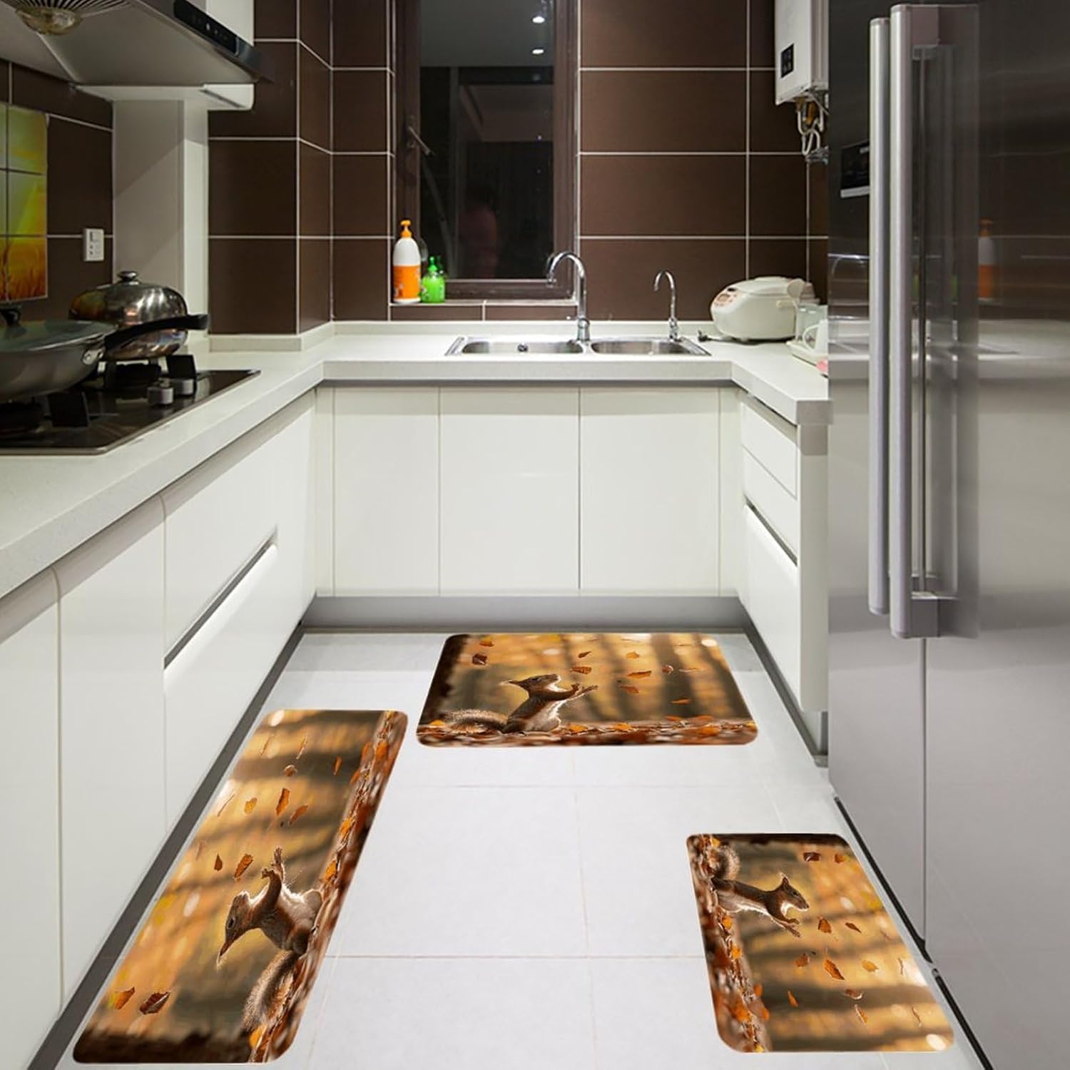 Squirrel and Leaves Kitchen Mats Soft Absorbent Rugs for Floor Non Slip Washable Kitchen Mats Fashion Rectangular Rugs for Three-Piece Set for Laundry Office Home Sink