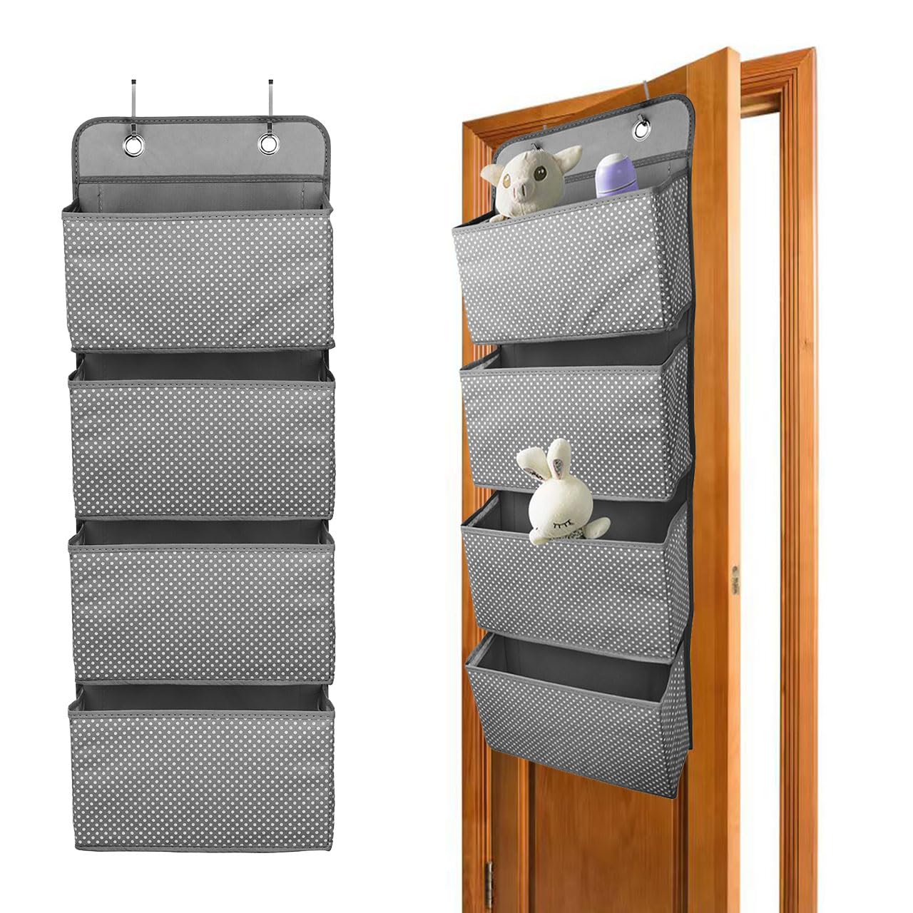 ManGotree Over The Door Storage Organiser, Foldable Hanging Shelf, Wardrobe Storage Organizer with 4 Pockets, Behind Door Hanging Closet Storage with 4 Hooks, for Bedroom, Living Room (Dot Grey)