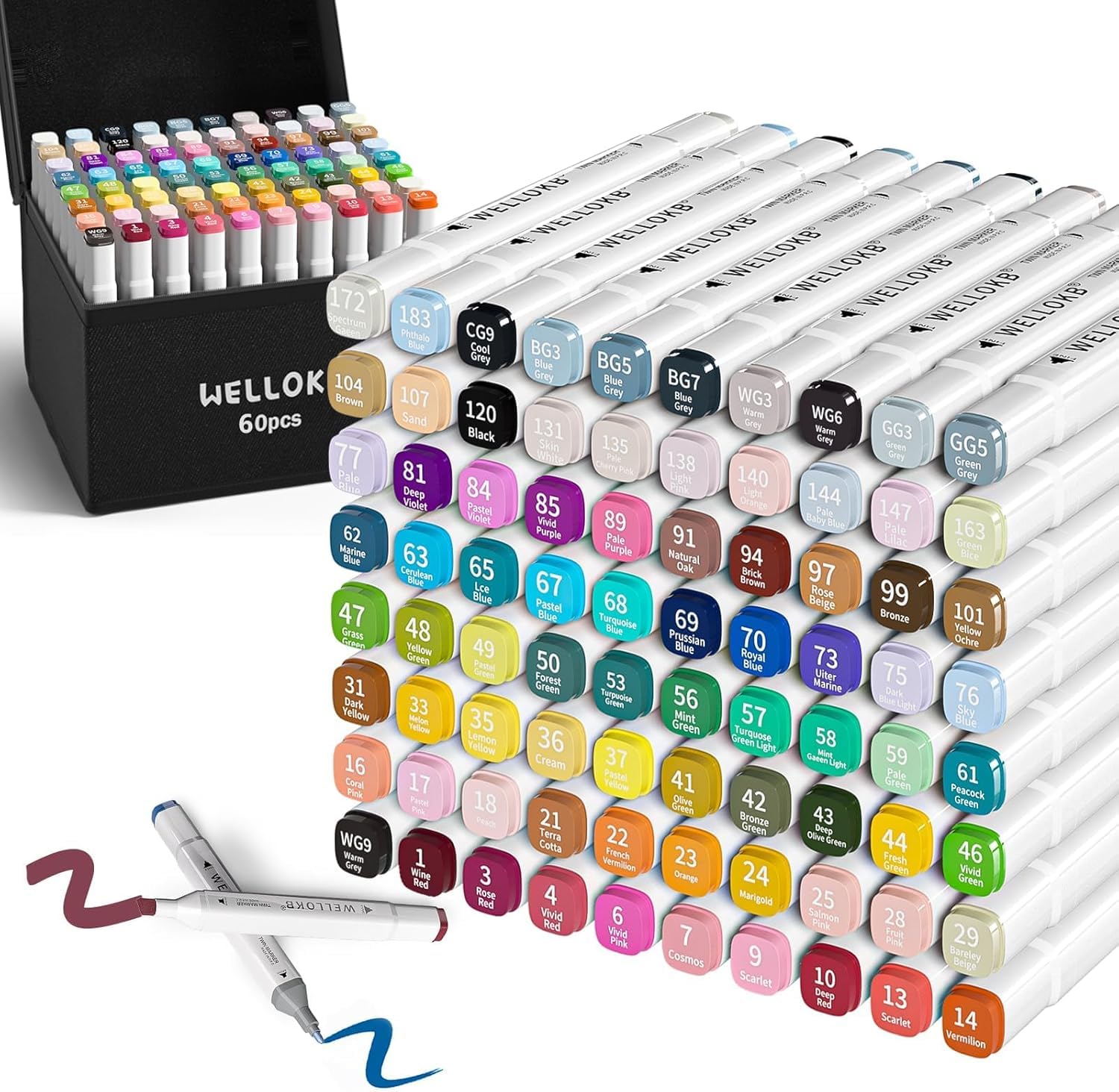 WELLOKB Alcohol Markers, 60 Dual Tip Permanent Art Markers for Coloring, Illustrations, and Sketching, Includes Case for Easy Storage,222