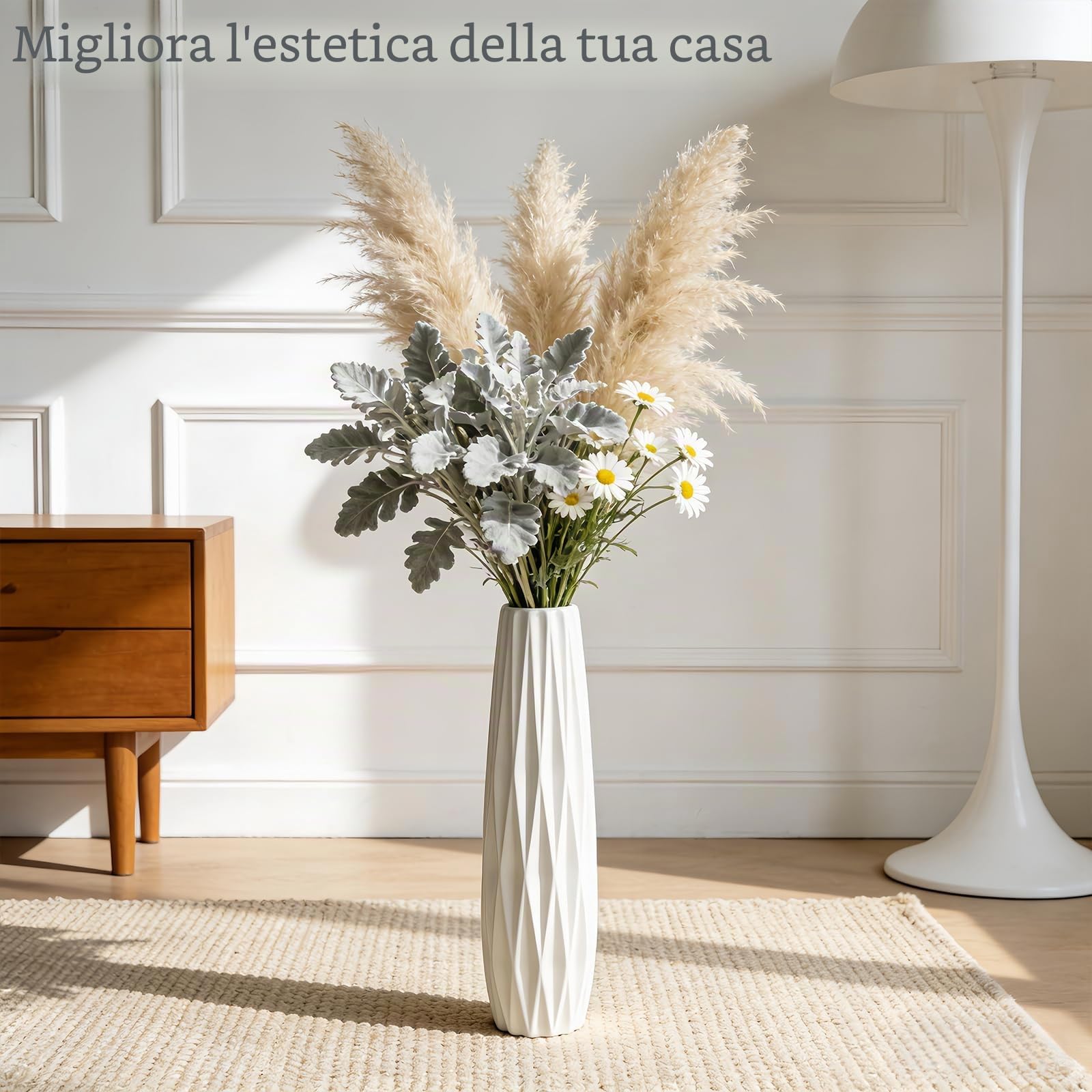 Vaso da pavimento in ceramica bianca alto 45 cm – Vaso decorativo grande per tavolo, scaffale, soggiorno – Porta fiori per fiori secchi – Design semplice