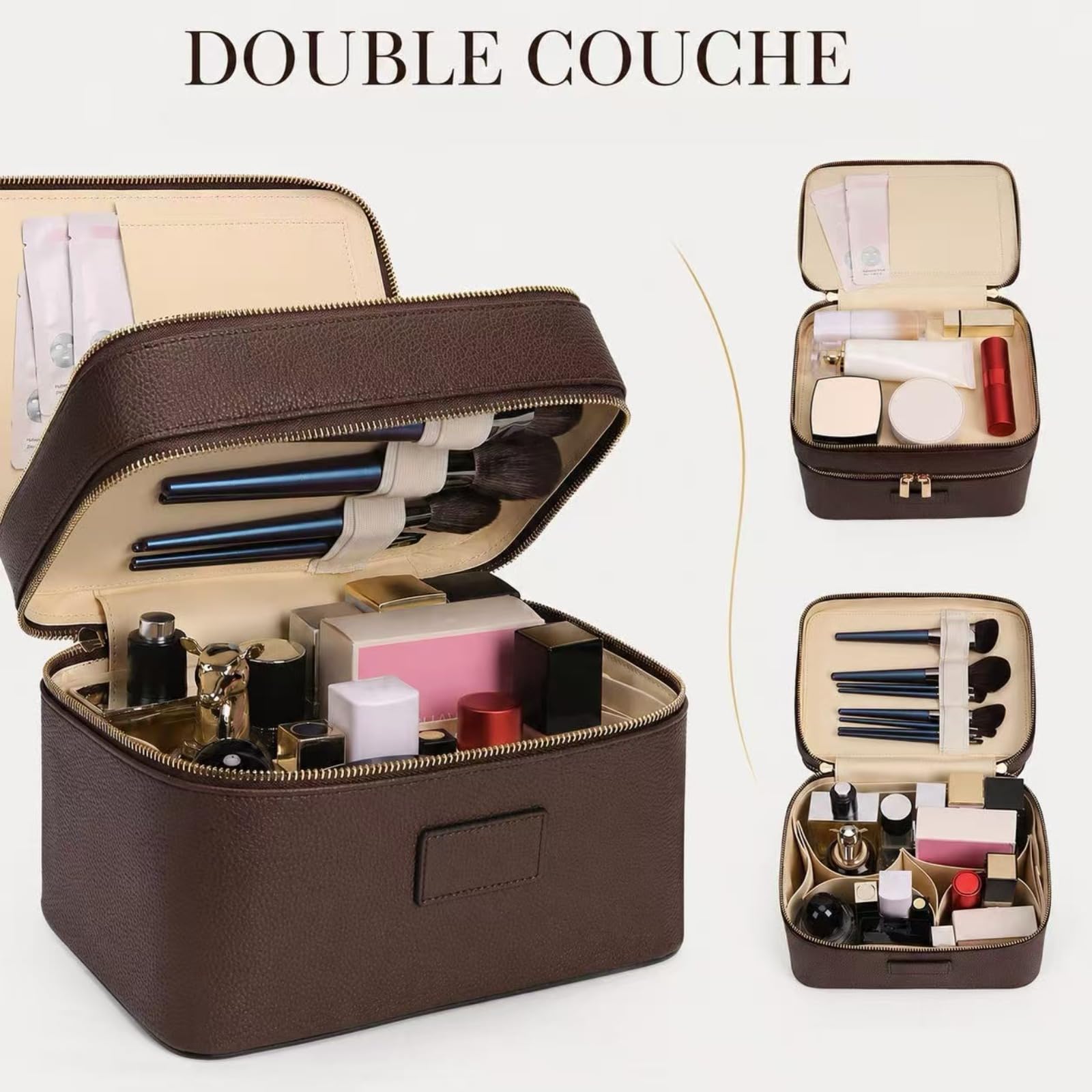 Vanity Maquillage en Cuir Double Couche Femme, Trousse de Toilette Voyage avec Compartiments Amovibles, Vanity Maquillage Femme, Trousse de Toilette Imperméable Portable