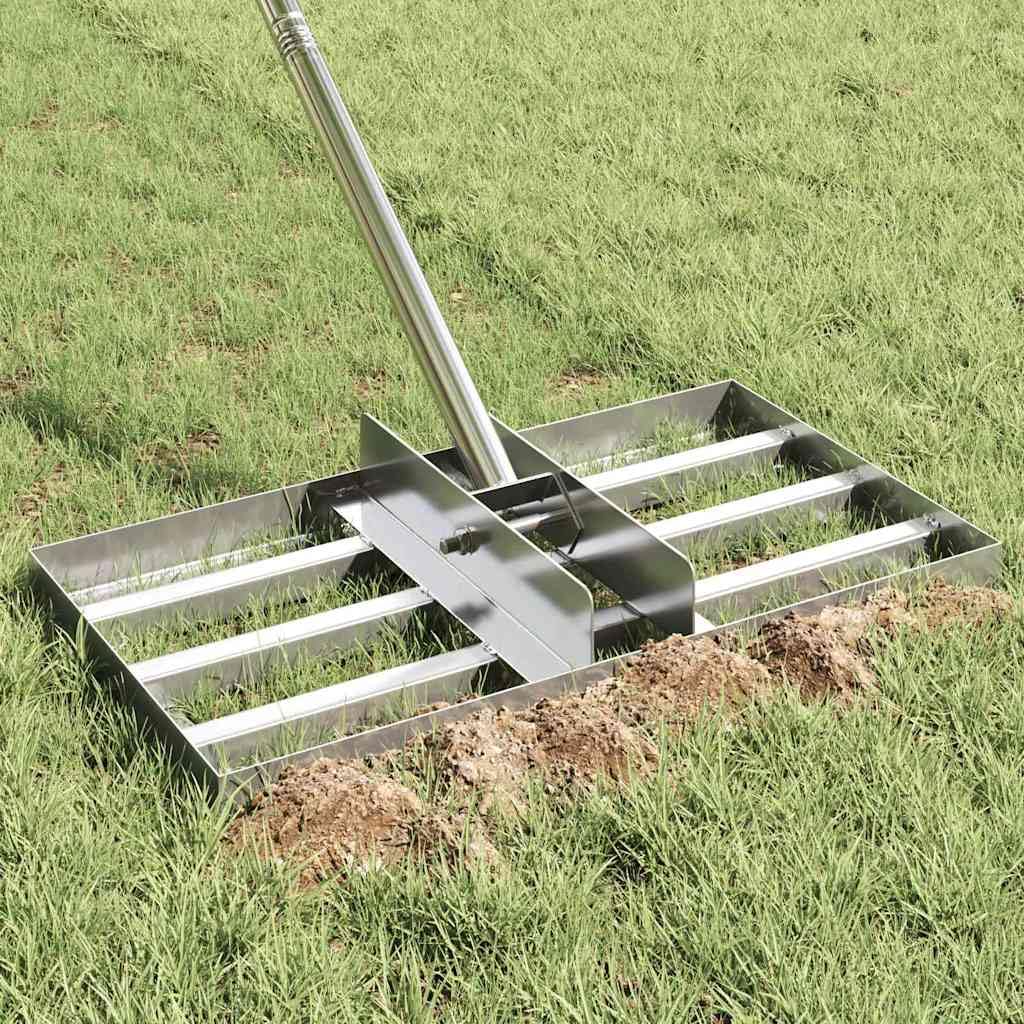 Garten Nivellierrechen Silber aus Edelstahl, gebürstete Oberfläche, 45 x 25 x 200 cm, für Gartenpflege, Bodenbearbeitung, Laub, Gras, Moos, Unkraut, Erde, Beet, Rasenpflege