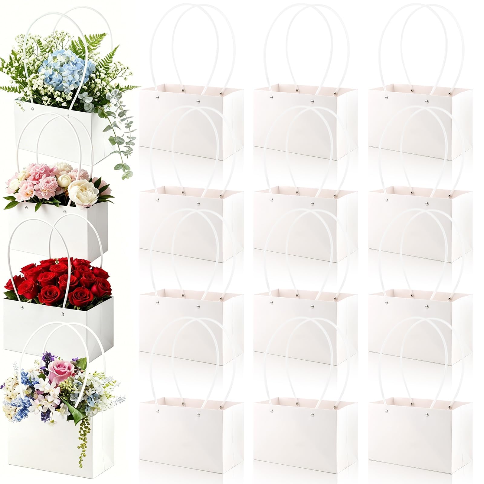 16 Pack White Flower Gift Boxes with Handles Bouquet Packaging Boxes,Flower Box Packaging for Florists,Floral Arrangement Gift Boxes for Graduation Wedding Anniversary Supplies