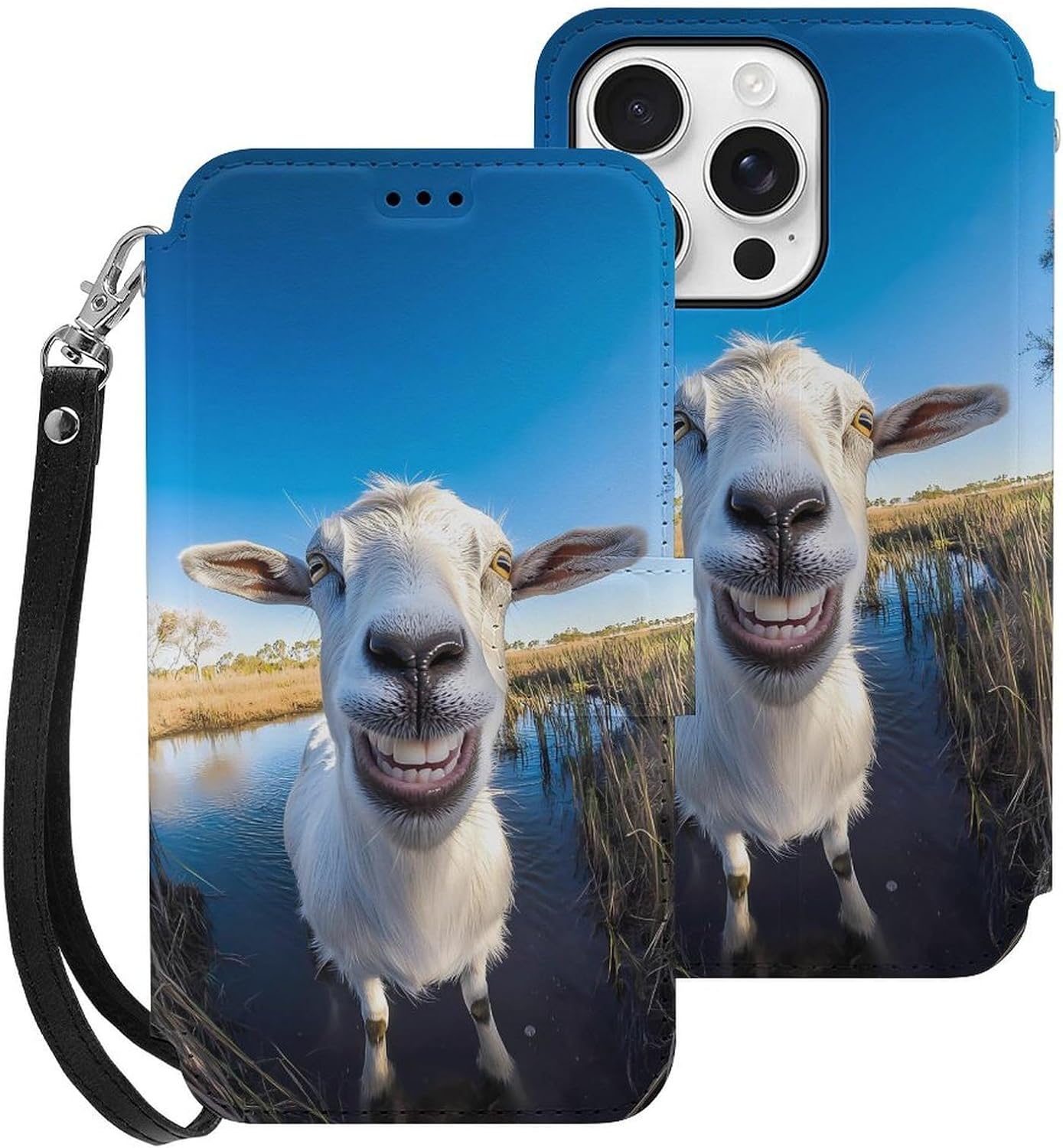 A Goat Smiles at The Camera Compatible with iPhone 16/16 Plus/16 Pro/16 Pro Max/16 E Case Phone Wallet Card Holder Flip Cover with Wrist Strap