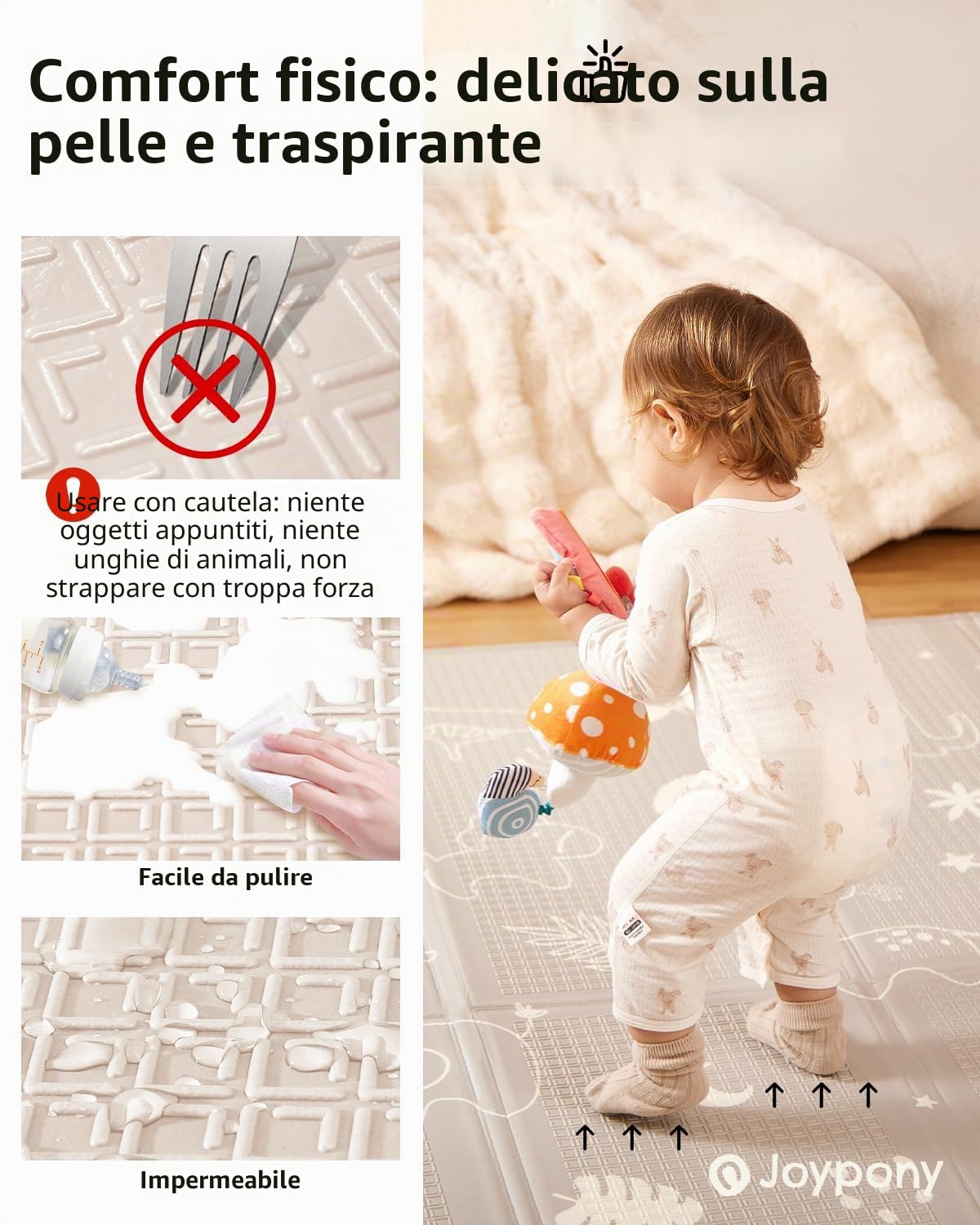 Joypony Tappetino per gattonare per bambini, pieghevole, 120 x 120 x 1 cm, antiscivolo e impermeabile, double face, con borsa per il trasporto e bordi cuciti, motivo: foresta