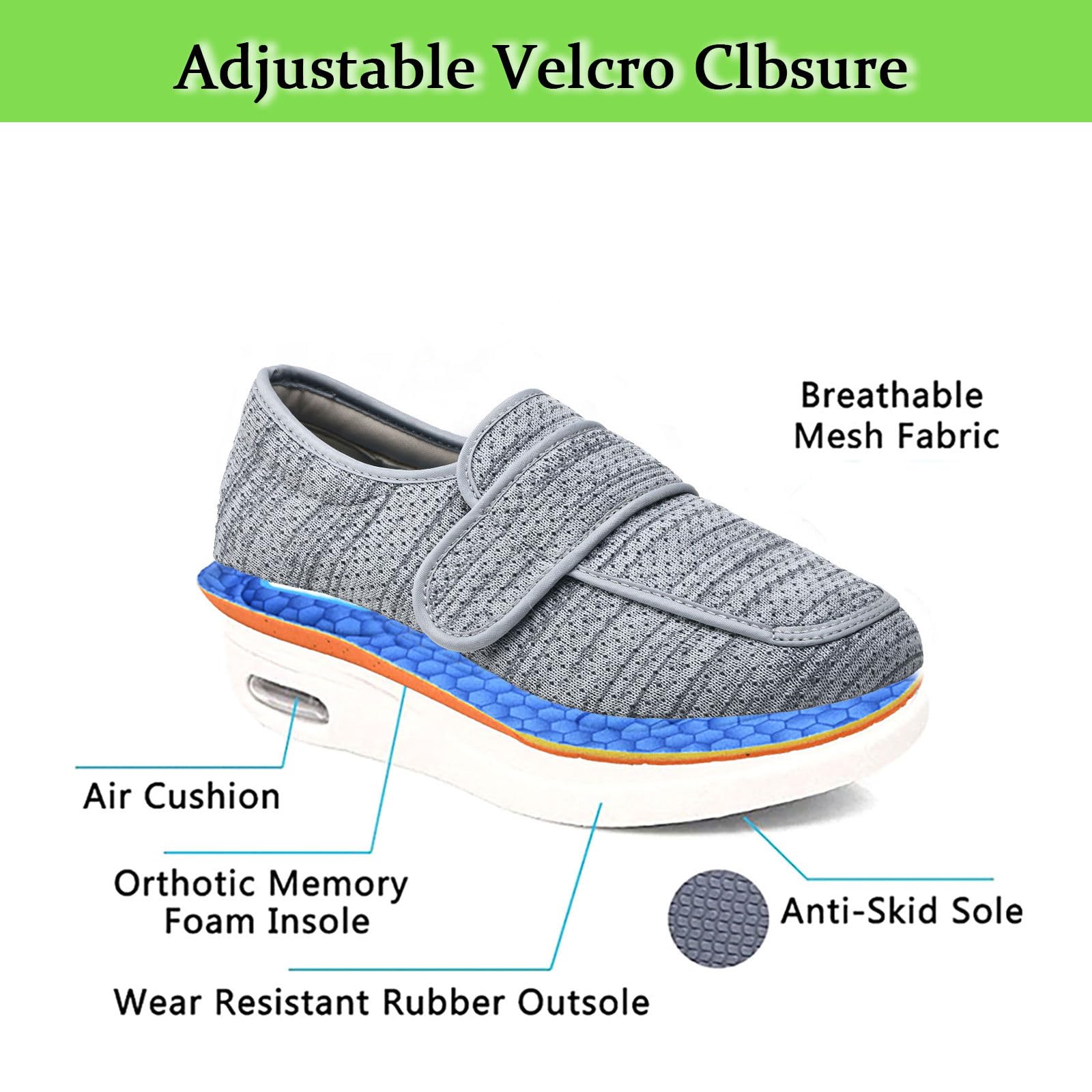 Scarpe da Ginnastica Extra Larghe, Scarpe da Passeggio per Esterni con Ampia Larghezza Regolabile, Cuscino d'Aria, Chiusure Regolabili, Scarpe da Passeggio Ortopediche,39EU