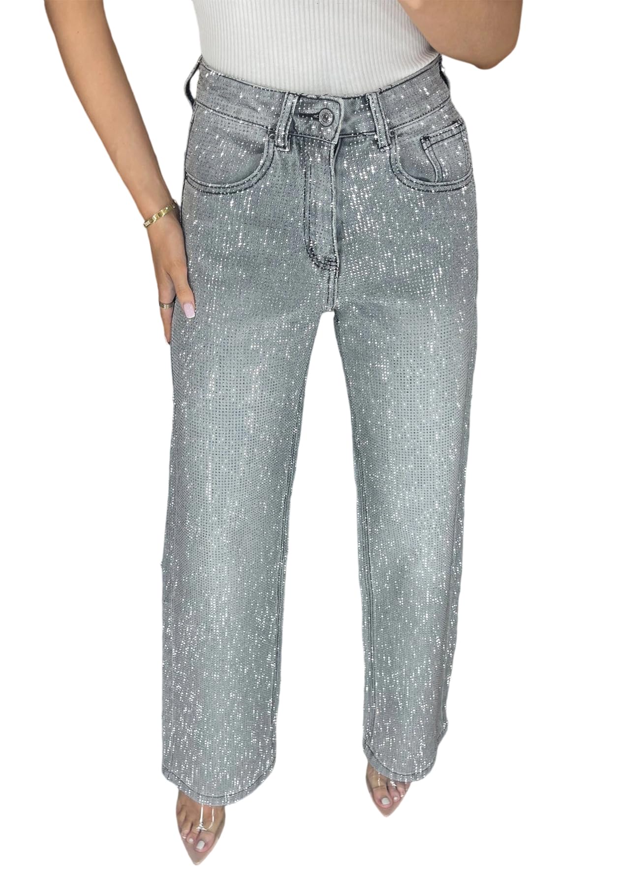 LETSVDO Womens Rhinestone Jeans Baggy High Waisted Y2k Straight Wide Leg Sparkly Glitter Bling Denim Pants Trousers