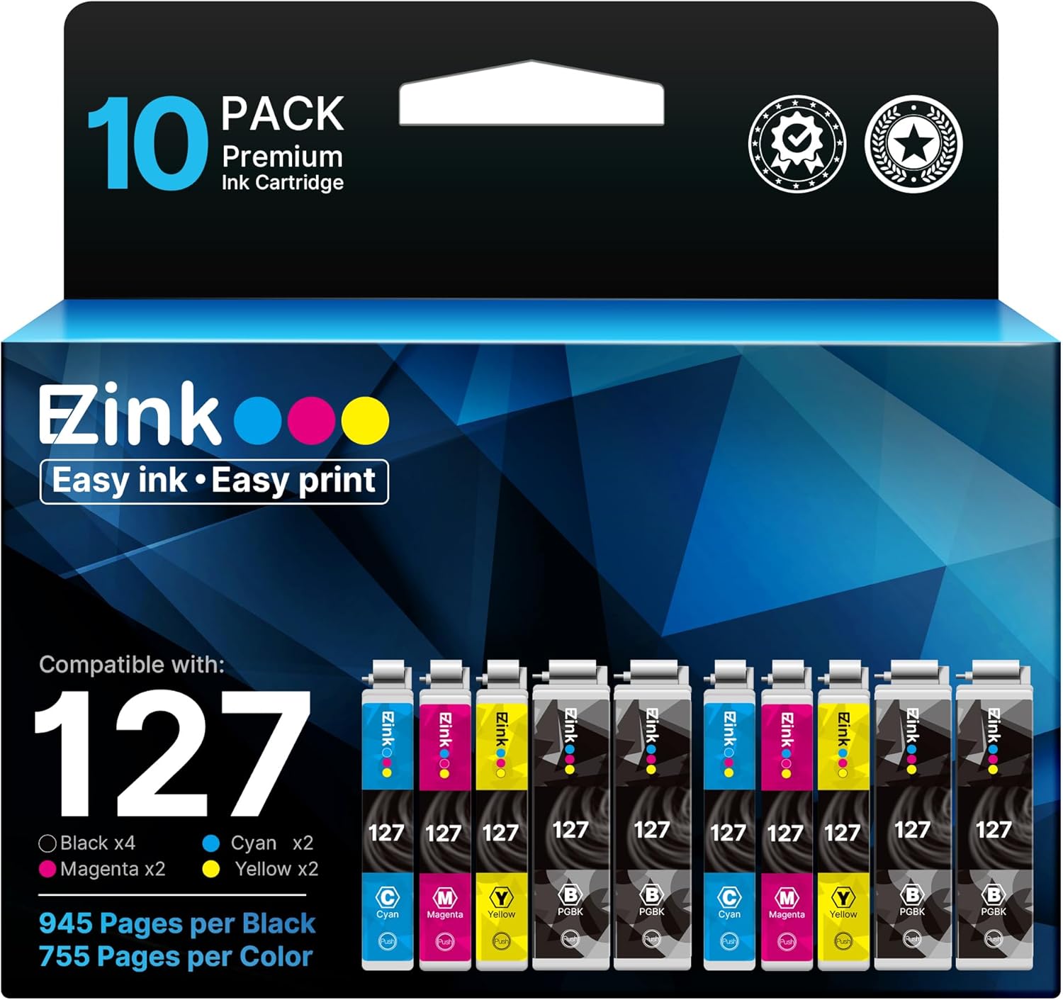 E-Z Ink Remanufactured Ink Cartridges Replacement for Epson 127 T127 to use with NX530 625 WF-3520 WF-3530 WF-3540 WF-7010 WF-7510 7520 545 645 (4 Large Black, 2 Cyan, 2 Magenta, 2 Yellow) 10 Pack
