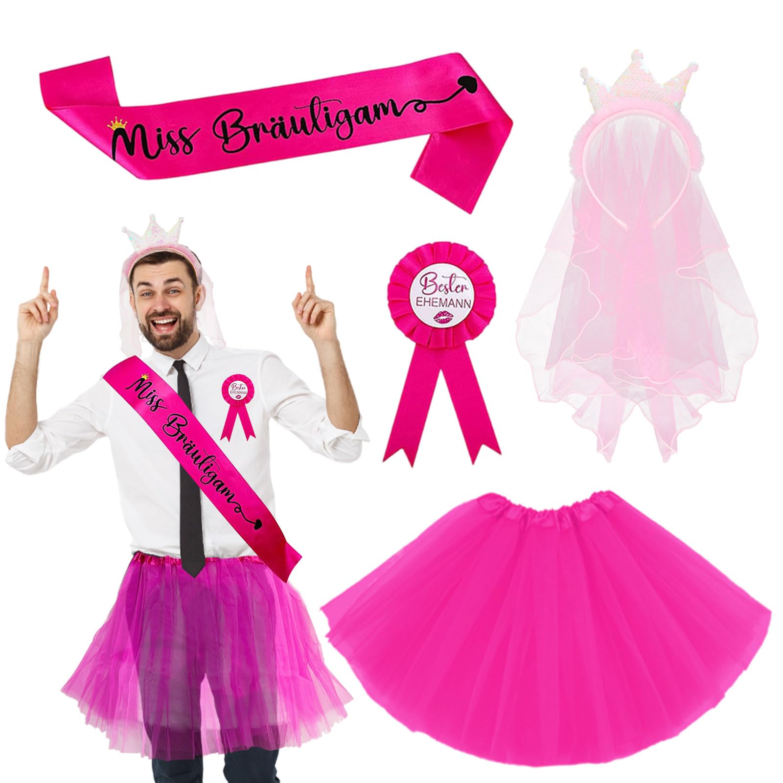 FUIPVGI Conjunto de 4 piezas de JGA para hombre, disfraz de despedida de soltera, tutú para hombre y señorita novio, insignia de mejor marido, diadema de corona de velo, para despedida de soltero,