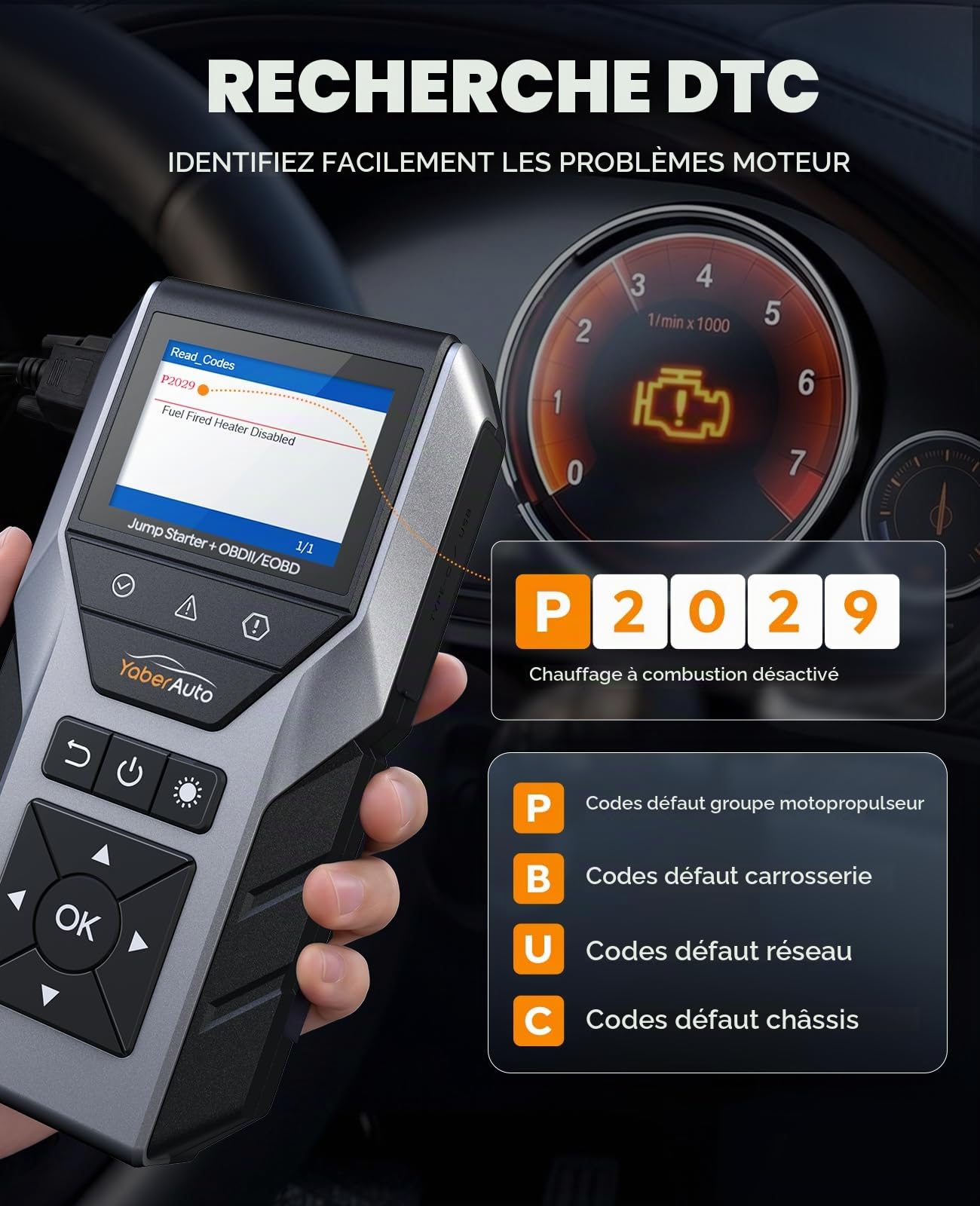 YaberAuto Booster Batterie Voiture 6000A avec Valise Diagnostic OBD2 et Testeur de Batterie, Batterie Externe de Démarrage 16800mAh pour Tous Moteurs Essence et Diesel 10,0 L, Lampe LED, Câbles Inclus