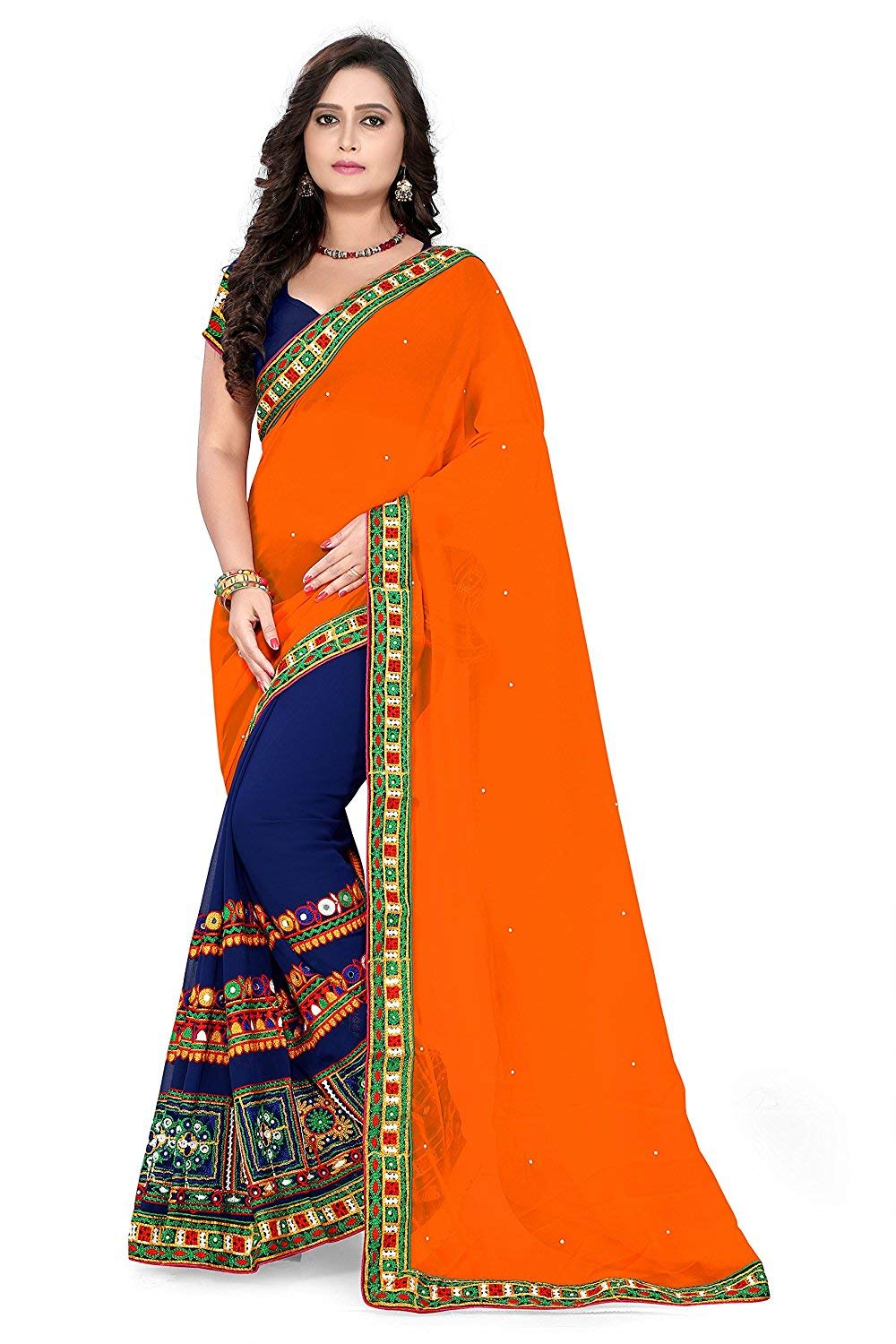 Reeva TrendzWomen's Chiffon Kutchi Work With Real Mirror Handwork Saree With Blouse Piece (MS0103_Orange_Free Size)