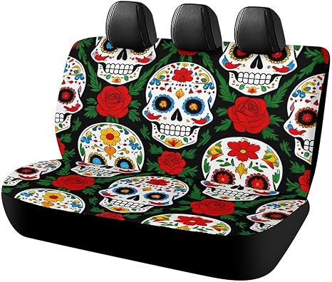 Fashion Car Rear Bench Seat Covers for Trucks SUV, Universal Stretch Back Seat Protector, Mexican Day Dead Rose Sugar Skulls Car Decor