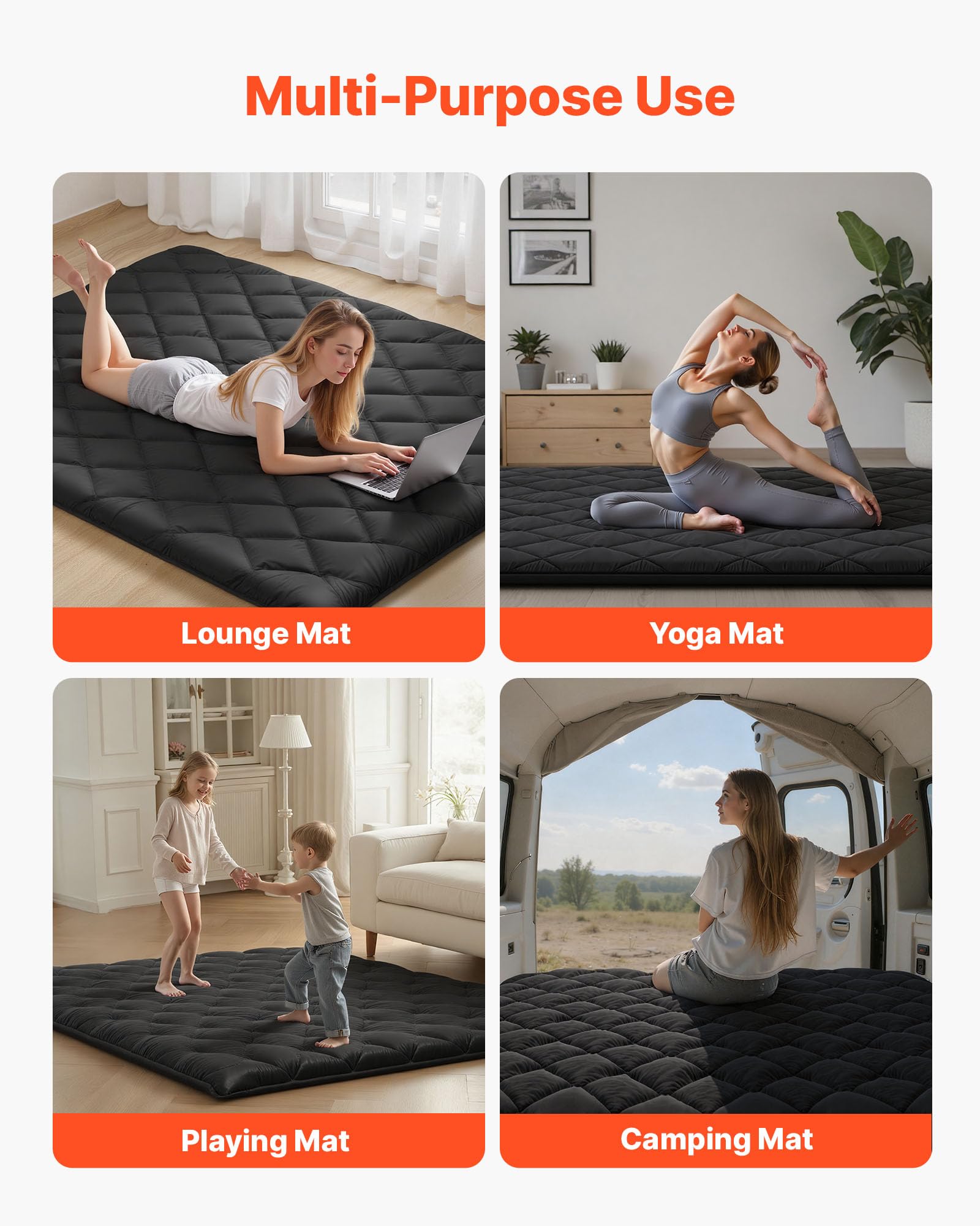 VEVOR 9-warstwowy japoński materac futon, grubość 8,9 cm, mata, składany zwijany materac do spania, z torbą do przechowywania, przenośny materac podłogowy, na kemping, do akademika, jogi, czarny