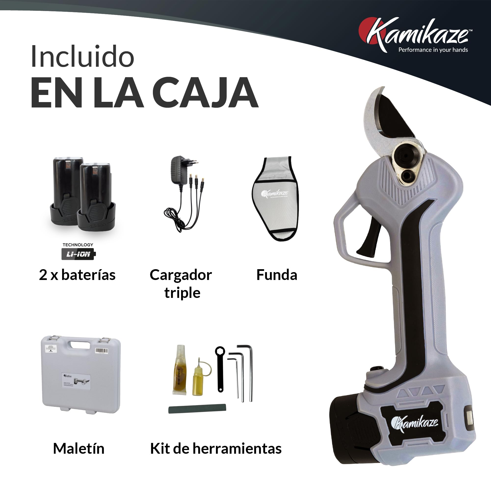 KAMIKAZE KV295 Tijera de Poda Eléctrica Profesional para Viña y Árboles Frutales, Corte 25 mm, 14,4V, 2,5Ah, Autonomía 6 Horas
