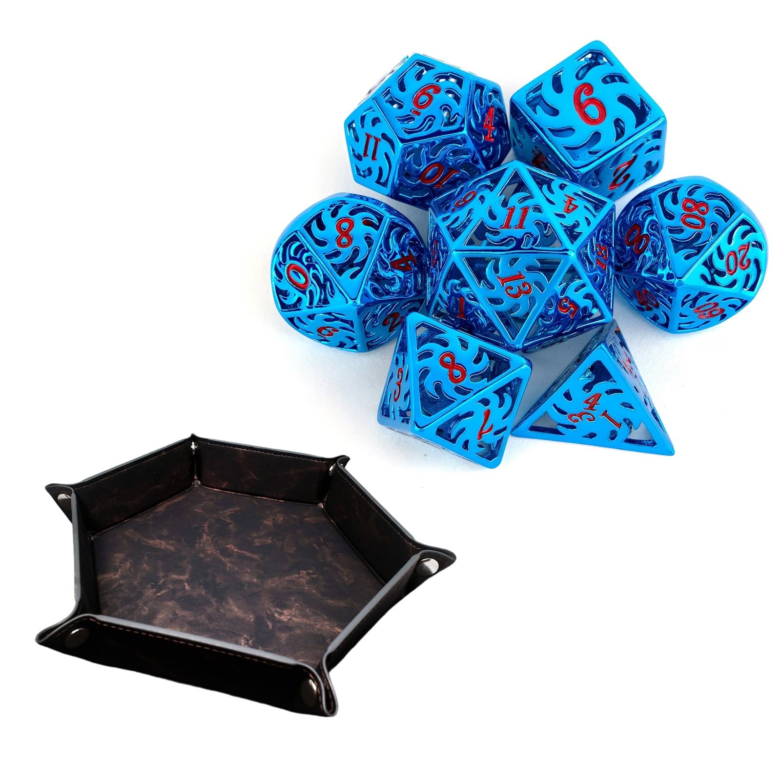 Ensemble de 7 Dés Polyédriques Creux en Métal Bleu, Compatibles avec Les Jeux de Rôle, Les Jeux de Société et Les Jeux de Cartes