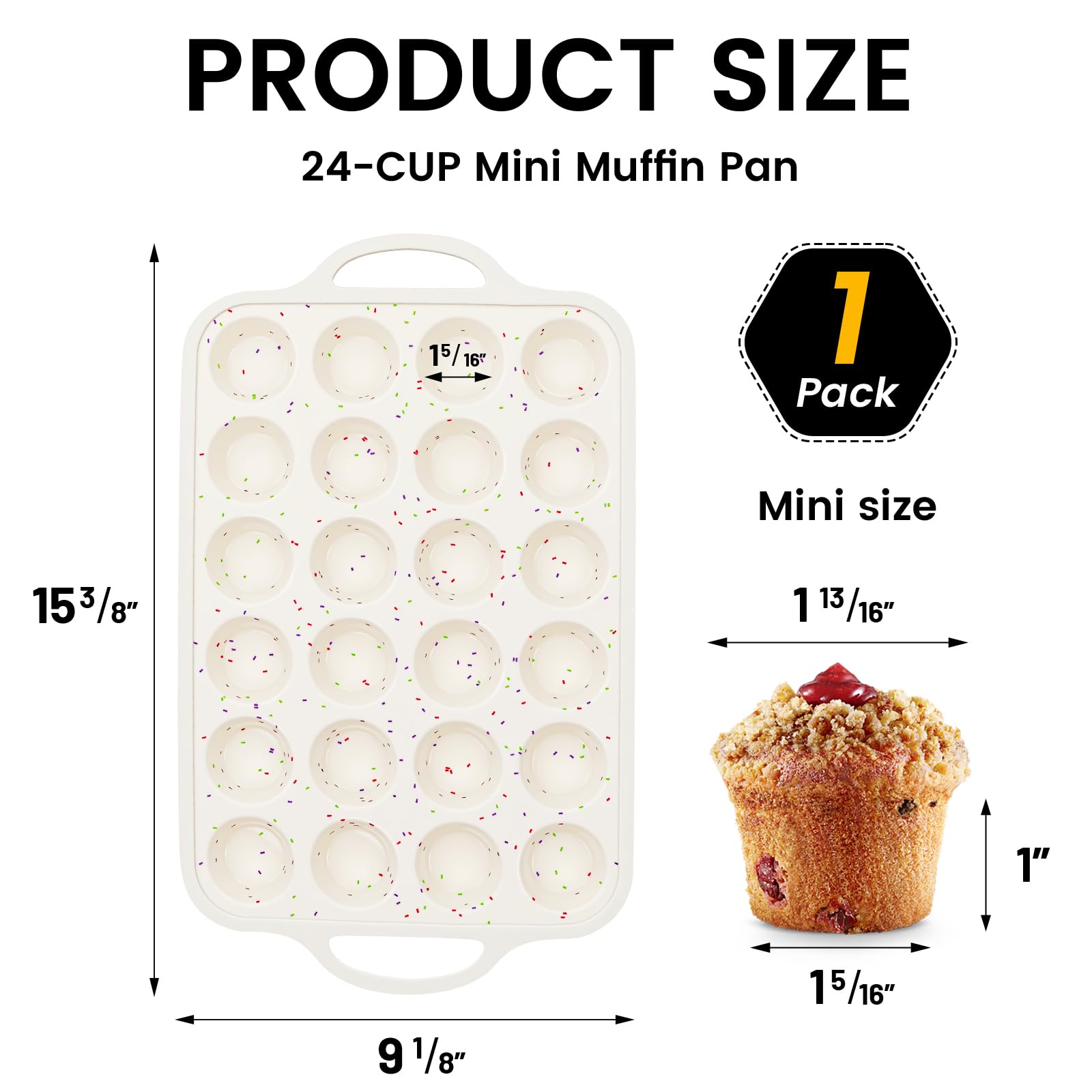 Vinino Mini moule à muffins avec cadre renforcé en métal, moule à cupcakes en silicone pour 24 tasses, mini taille, moule à muffins en silicone sans BPA, passe au four et au lave-vaisselle, crème