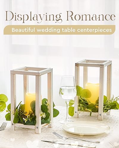 Miniatura 6 de Juego de 8 faroles de madera para velas, incluye 4 centros de mesa rústicos de boda para mesas, portavelas de madera de granja y 4 velas LED