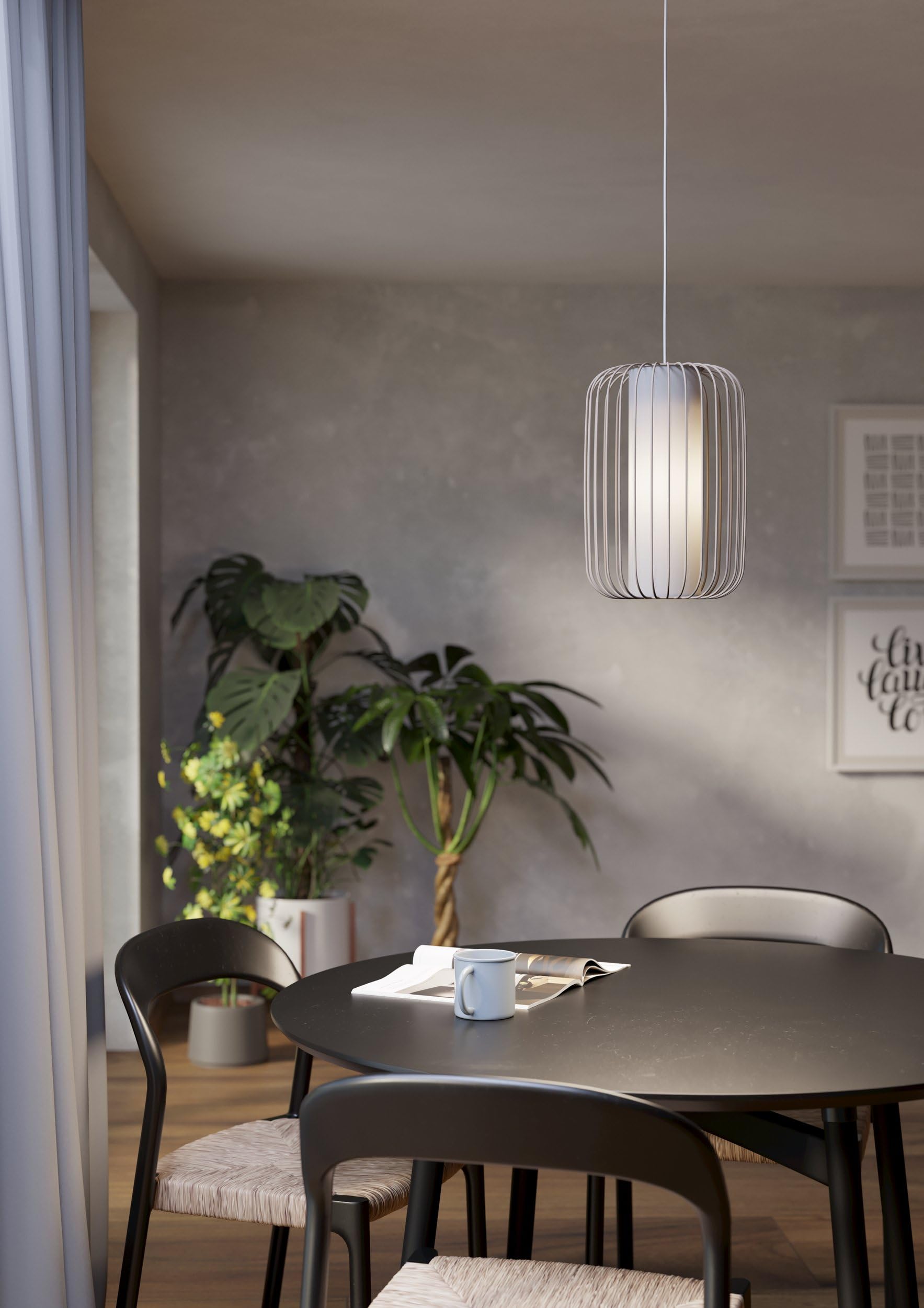 Eglo Terrarosa - Lampadario a 1 luce per il tavolo da pranzo, lampadario per sala da pranzo in metallo color sabbia e tessuto bianco, lampadario con attacco E27, diametro 24 cm