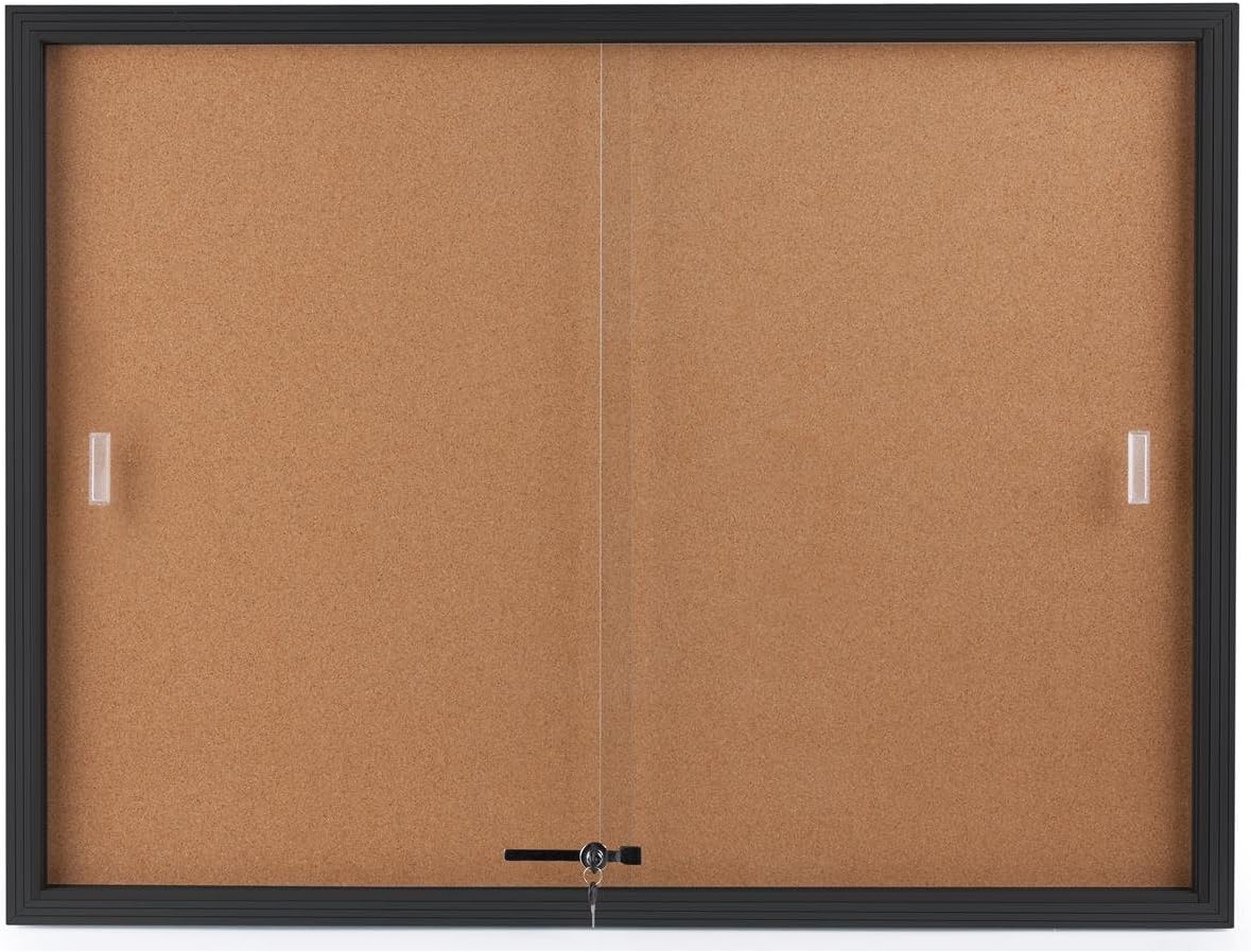 Displays2go Enclosed Cork Board, Sliding Glass Door, 4 x 3 Foot, Locking Bulletin Board for Wall (CBSD43BK)