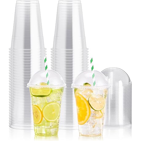 16 oz Crystal Clear Plastic Cups with Lids - 100 Pack
