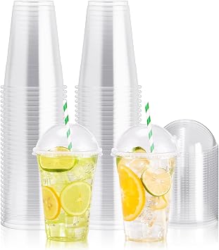 100 PACK 16 oz Clear Plastic Cups with Dome Lids, Disposable Dessert Cups, Parfait Cup for Ice Cream, Iced Cold Coffee Drinks, Cupcake, Fruit for Party