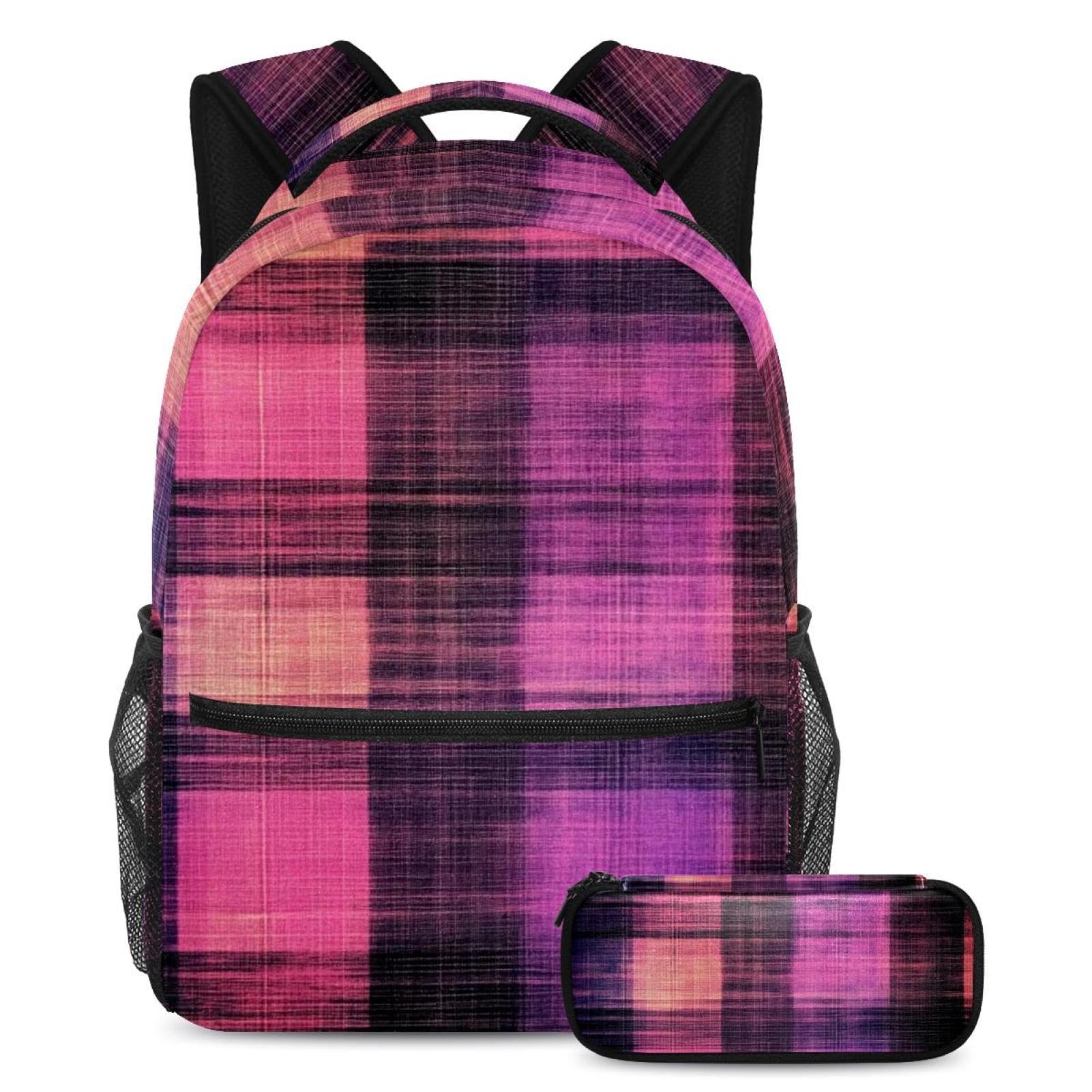Cartables de grande capacité avec trousse à crayons motif écossais - 2