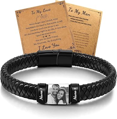 HJX Personalized Picture Bracelet for Men Custom Engraved Bracelets with Photo Name,Valentines Day To My Man/Love Bracelet Gift for Boyfriend Husband