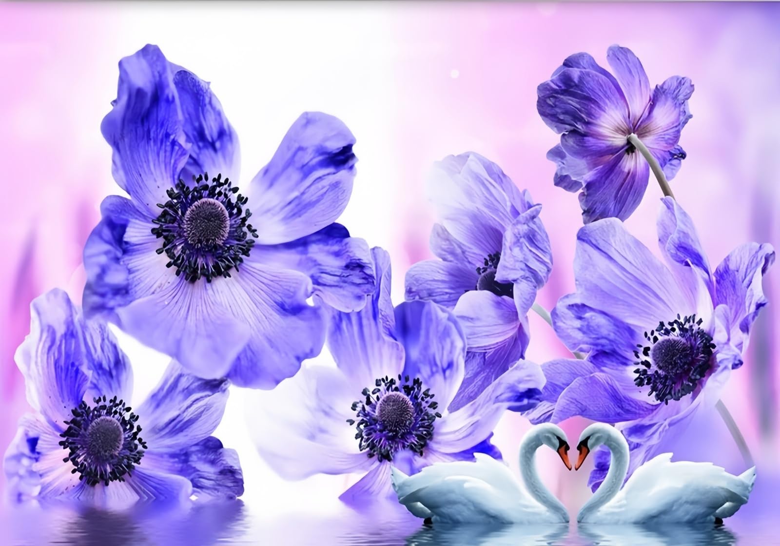 Carta da Parati Panoramica Intissato Fiori Viola,Cigni,Natura Wallpaper per Camera da Letto, Soggiorno 400x256cm