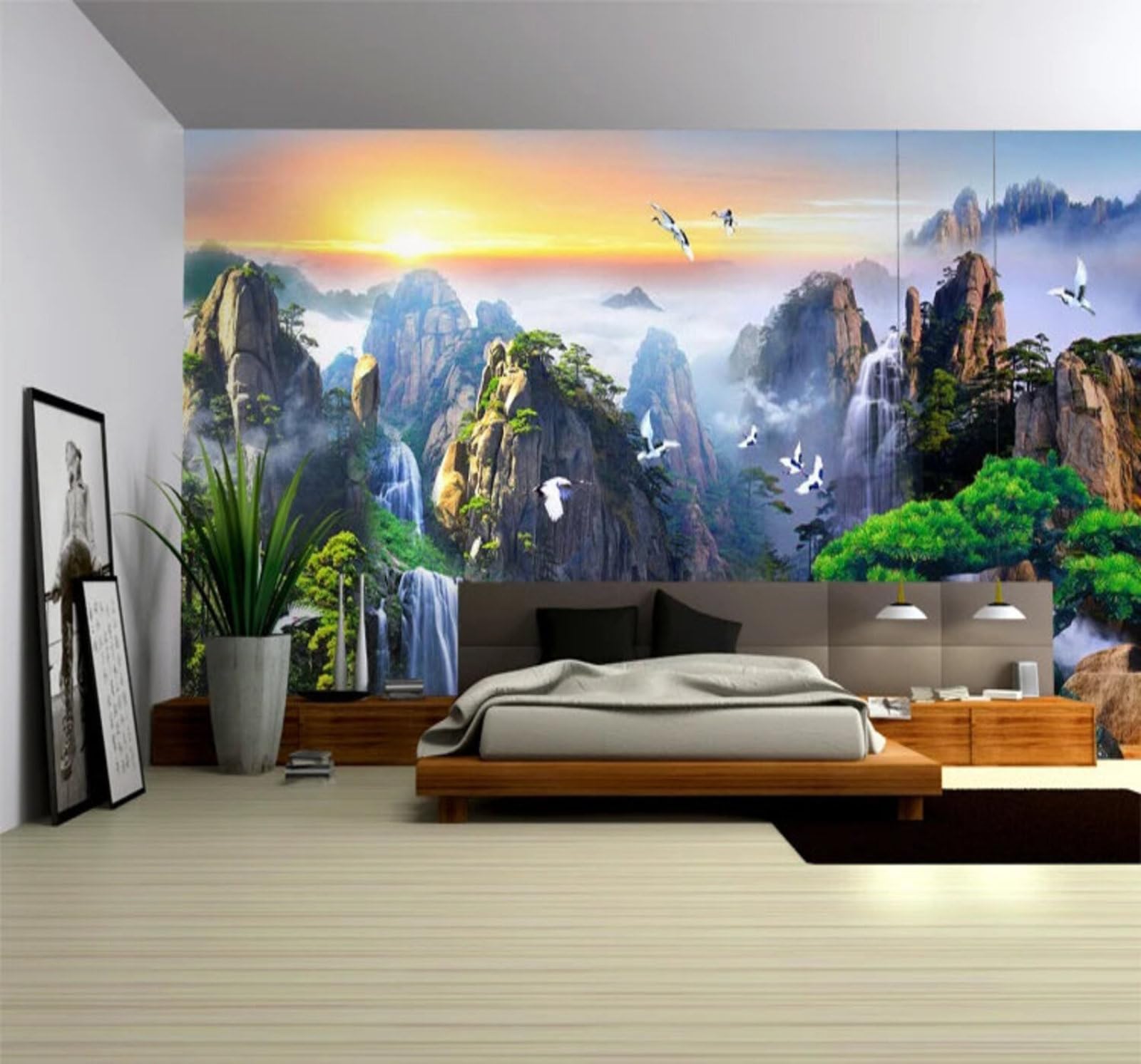Xlming 300Cm×210Cm(B×H) Fresh Beautiful Mountain Peaks Waterfalls Scenery 3D Wallpaper Silky Texture Home Study Office Grey Dining Room Sofa Bedroom Living Room Tv Backdrop-300Cm×210Cm