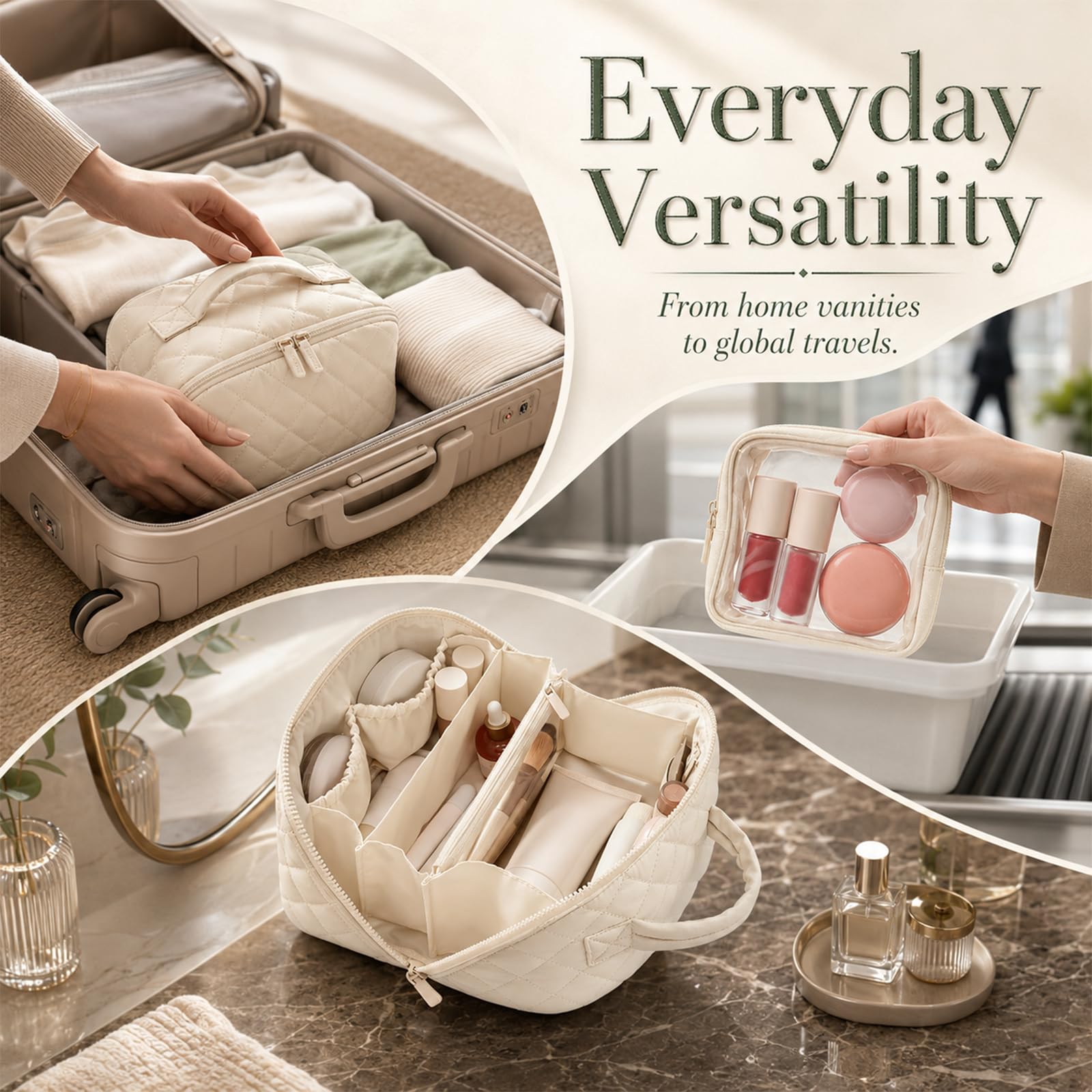 2 Pezzi Borsa Cosmetici, necessaire Donna (Crema) | Borsa cosmetici donna, borsa da toilette con apertura a 180°, leggera e morbida, grandi scomparti, lavabile per viaggio