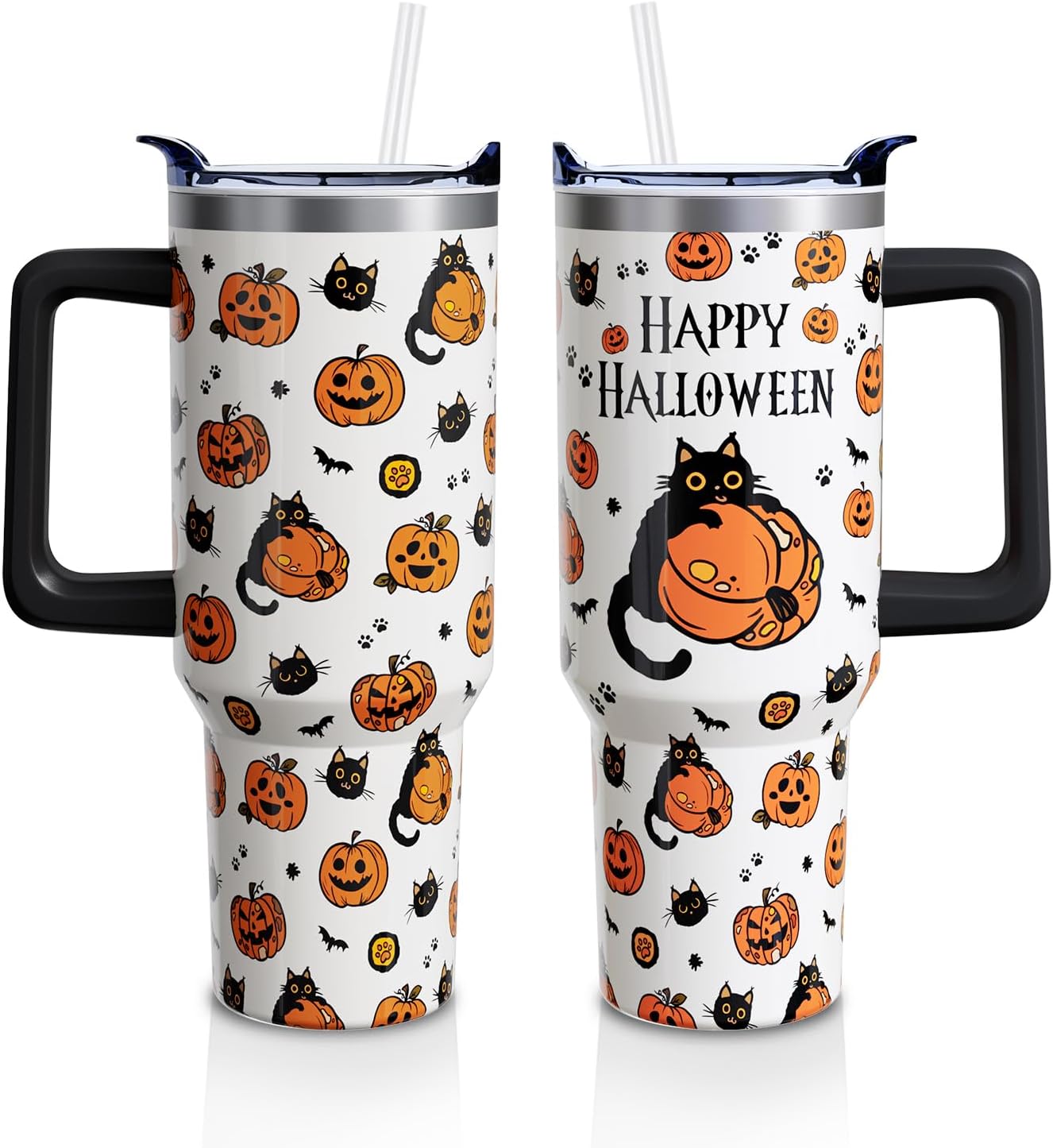 Happy Halloween Cup Gifts for Women Men, Black Cat 40oz Tumbler with Handle and Straw, Holiday Pumpkin Stainless Steel Insulated Water Bottle (1 PC)