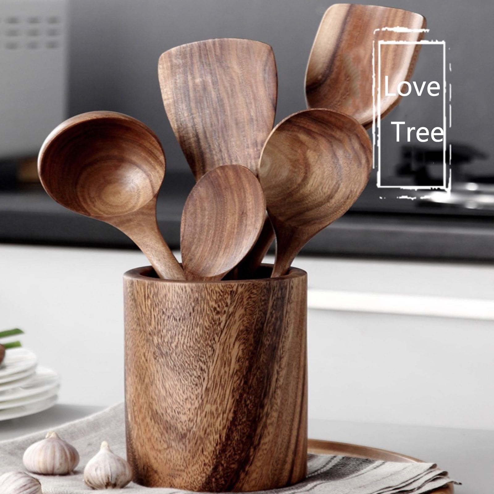 Küchenutensilien Holzspatel Set Mit Loch Küchenutensilien Set Holzlöffel Kochen Besteckhalter Kuechenhelfer Set Mit Pfannenwender,BPA-frei, Robust Kochbesteck Für Antihaft Pfannen 7 Teiliges