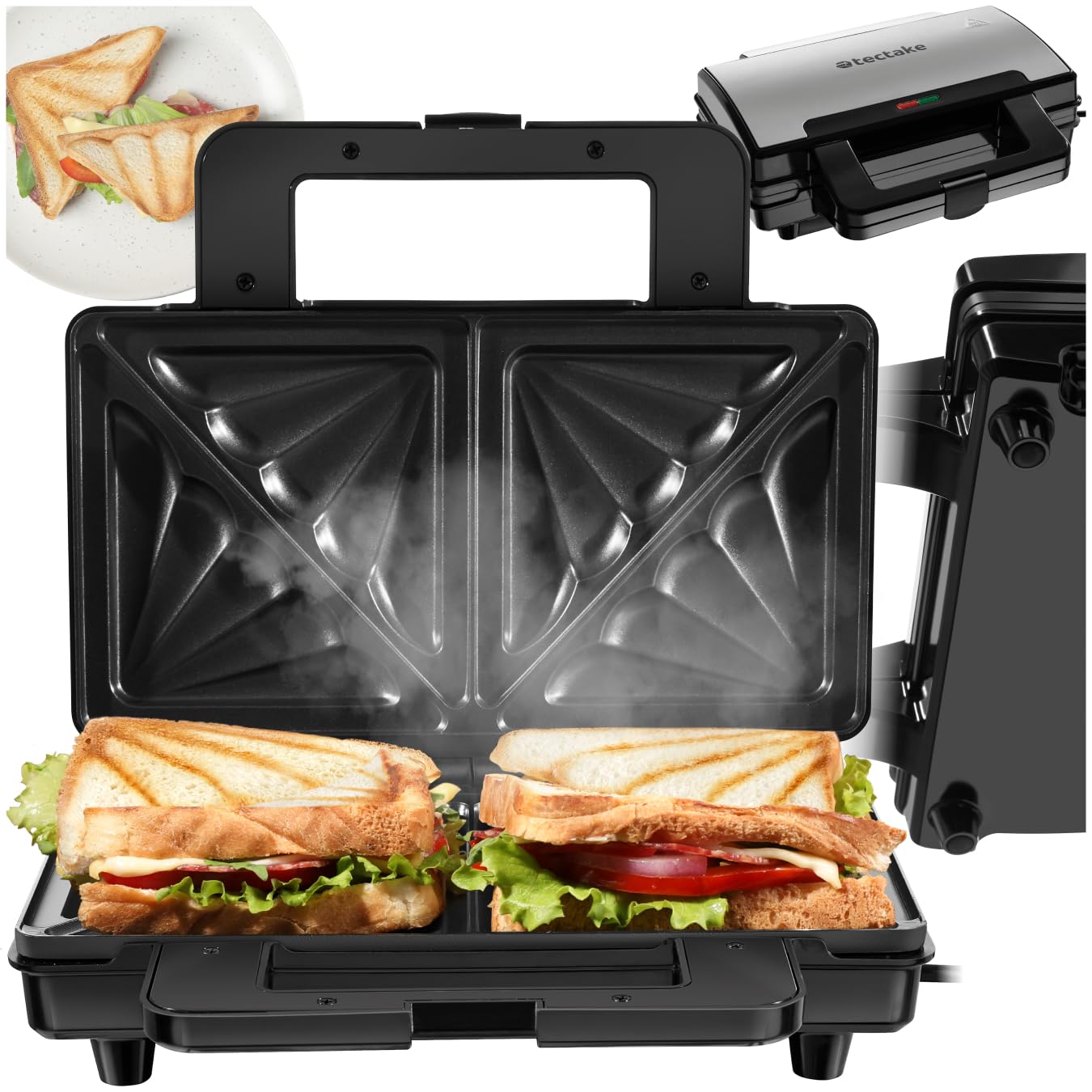 tectake® Sandwichera Eléctrica Antiadherente, Resistente al Calor, Parrilla Eléctrica, Grill Sandwichera, de Aluminio, Tostadora de Sándwiches, Control Automático, Capacidad 2 Unidades