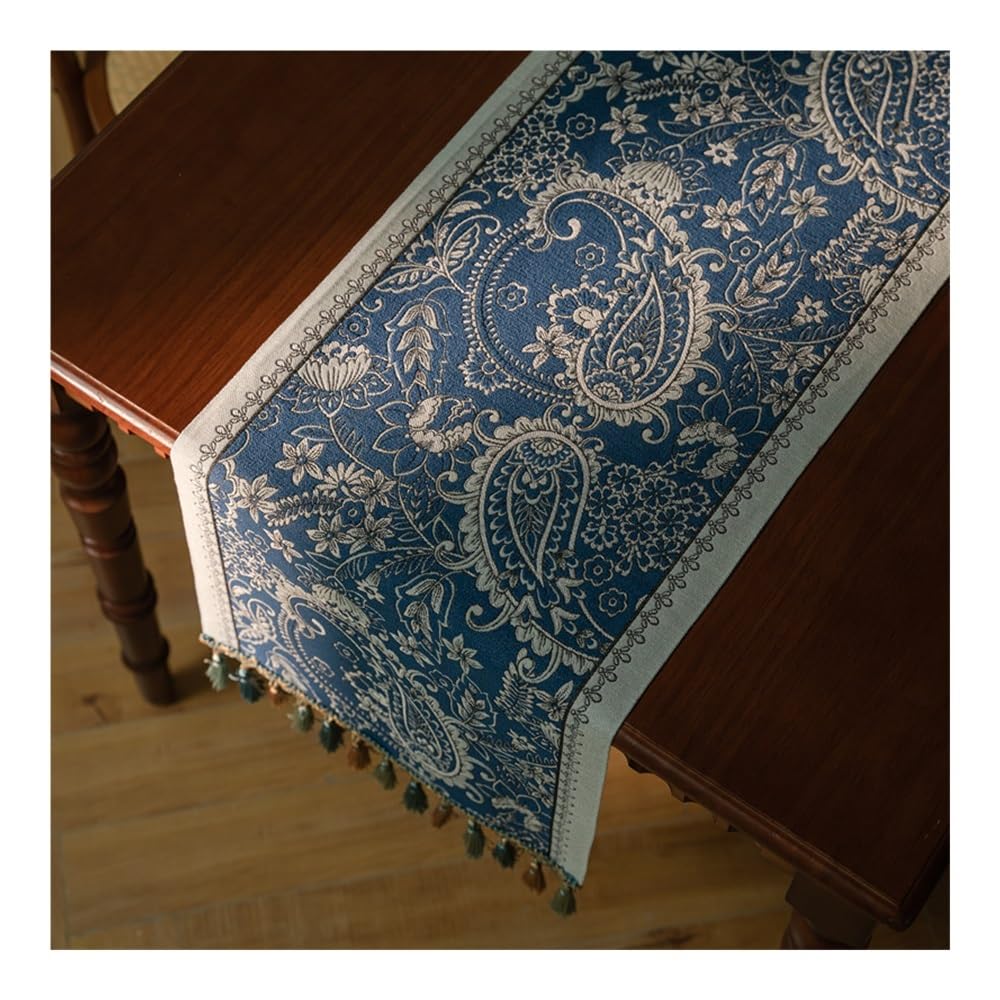 Drapeau de table vintage tissé jacquard, branche et fleur de vigne avec pampilles en polyester pour la maison, nappe de table, drapeau de lit, drapeau de queue de lit (bleu 2, 200)