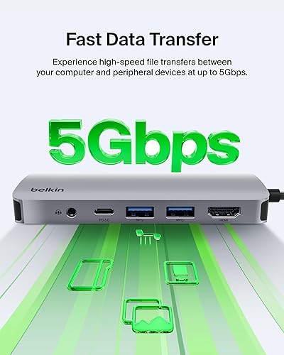 Miniatura 5 de Belkin Hub USB-C, Adaptador Multipuerto 7-en-1 - Estación de acoplamiento USB con HDMI 4K, Puerto PD USB-C 3.0, 2 x Puertos USB-A 3.1, Ranuras