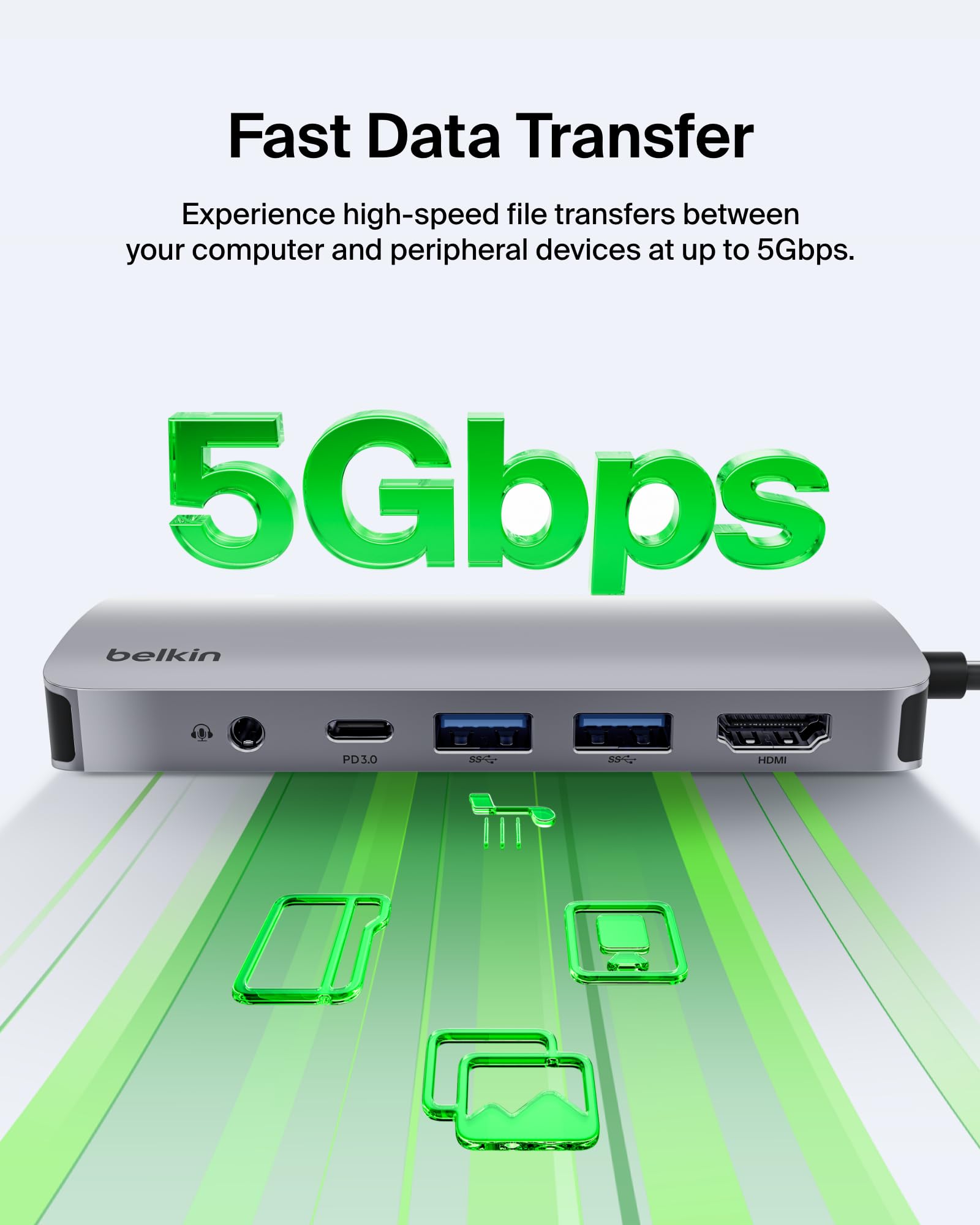Belkin Hub USB-C, adaptador multipuerto 7 en 1, estación de acoplamiento USB con HDMI 4K, puerto USB-C PD 3.0, 2 puertos USB-A 3.1, ranuras para tarjetas SD y microSD y conector de audio de 3.5 mm