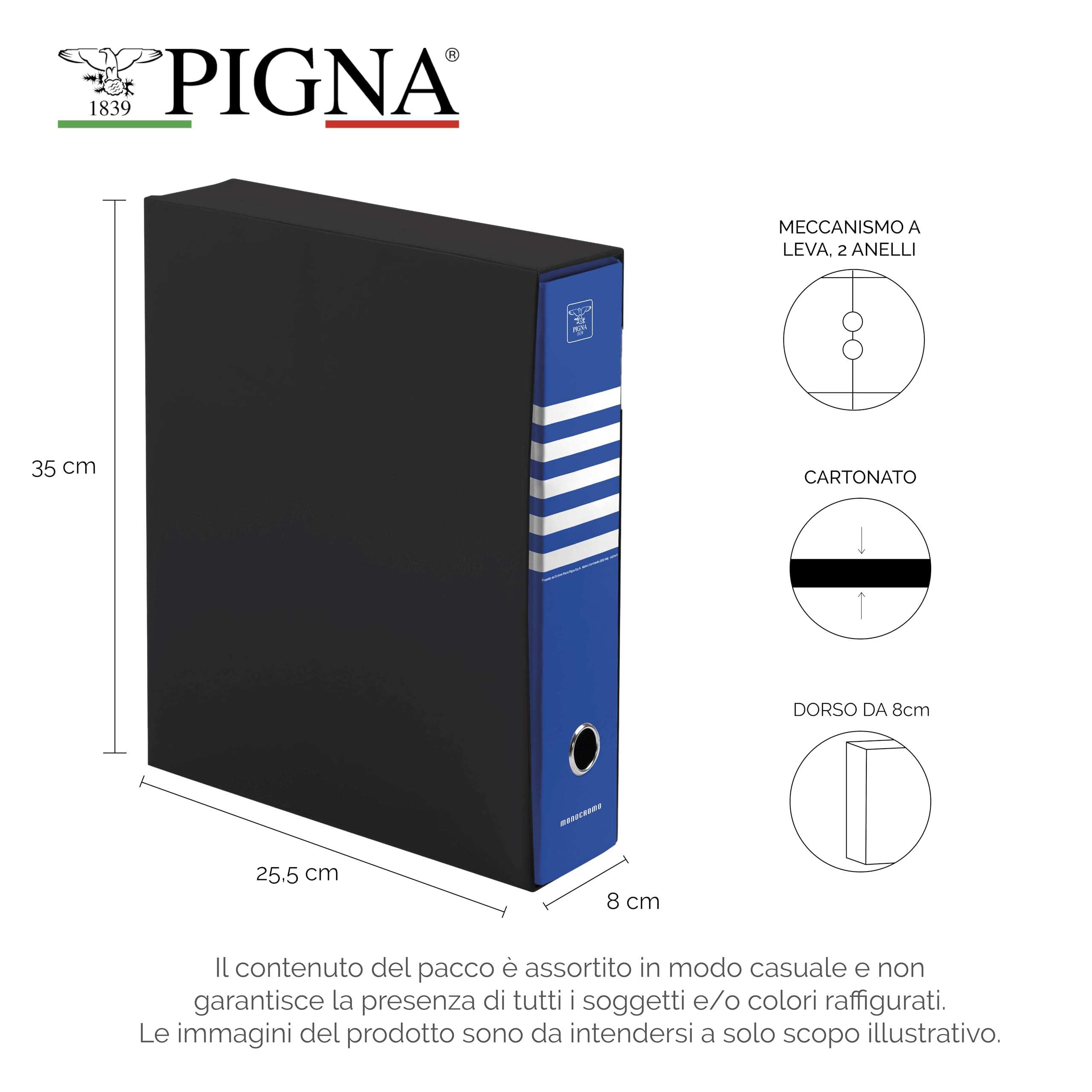 Pigna, Registratore Dorso 8 Monocromo, Elegante e Professionale, Ideale per Ufficio e Studio, con custodia, f.to 28,5x33,5x8 cm, Scatola da 12 pezzi