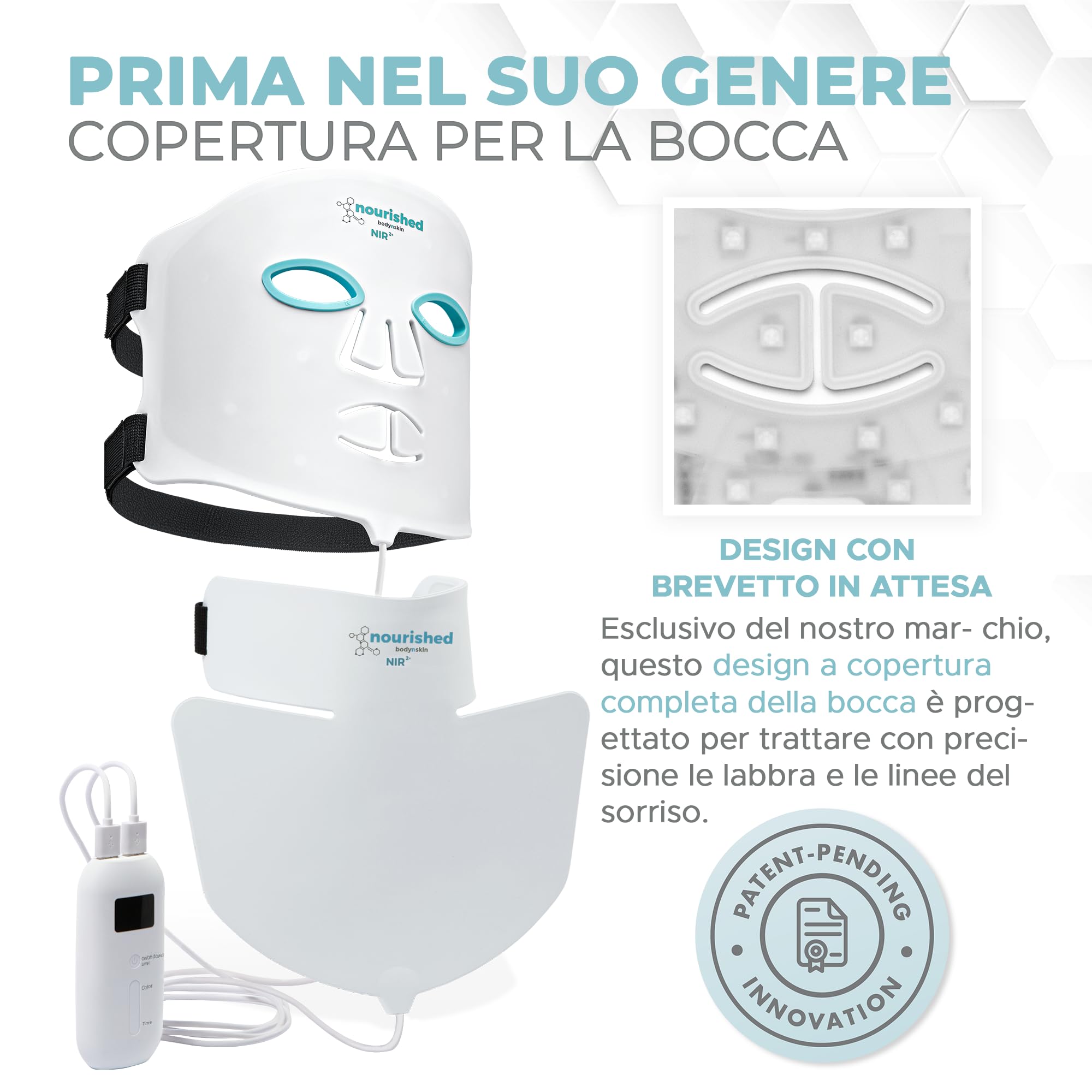 Nourished Bodynskin Maschera LED per Viso e Collo con Infrarossi Vicini - Terapia della Luce Blu, Rossa per il Viso - 228 LED - Strumento per la Cura della Pelle contro le Rughe, Anti-Età