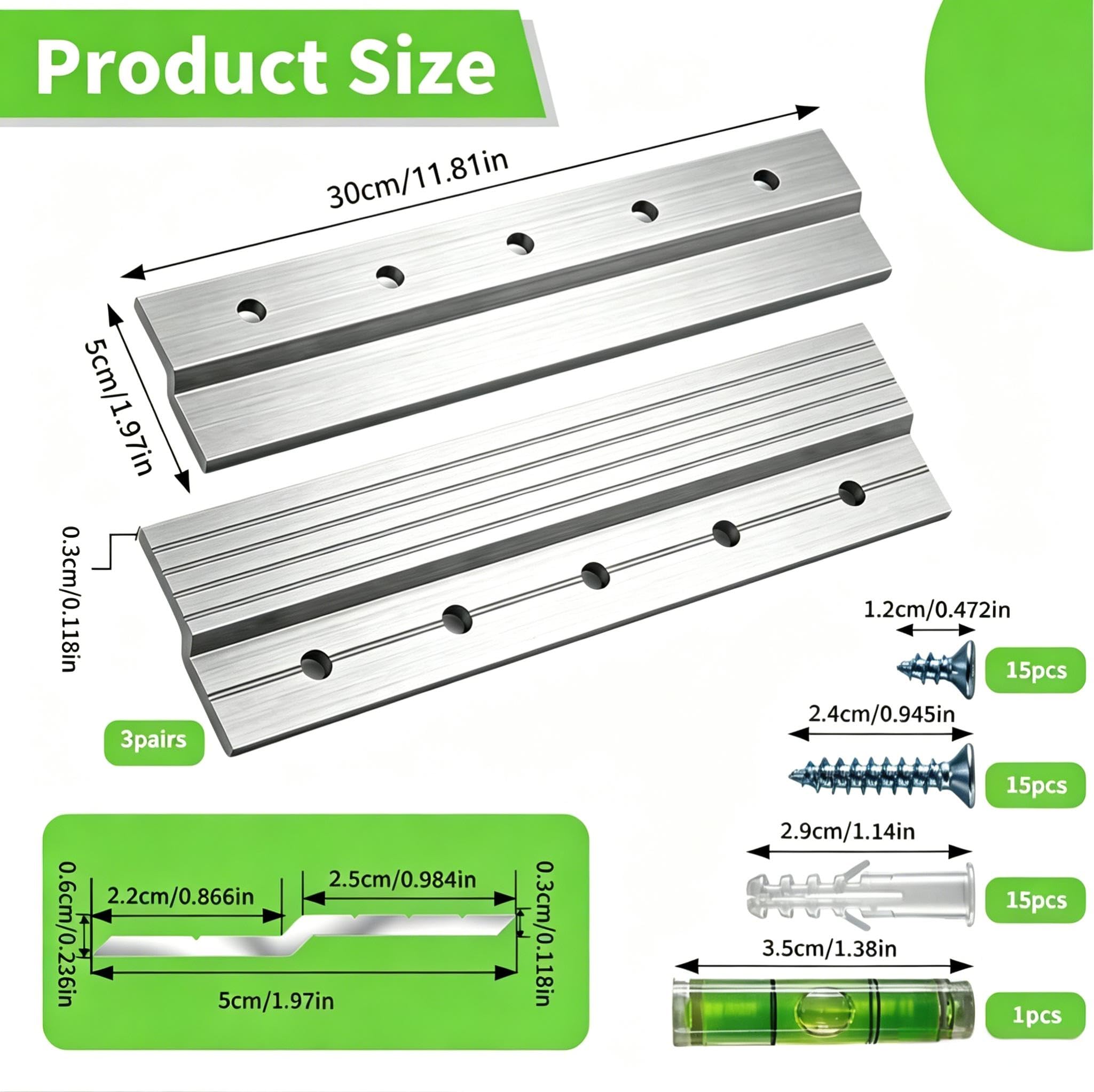 3 Pares Soportes Aleación de aluminio 30 Cm Capacidad carga de hasta 36 kg Soporte Espejo Pared con Encaje Mutuo Z Clip Gancho Z para Objetos Pesados Espejos Paneles Estanterías Marcos