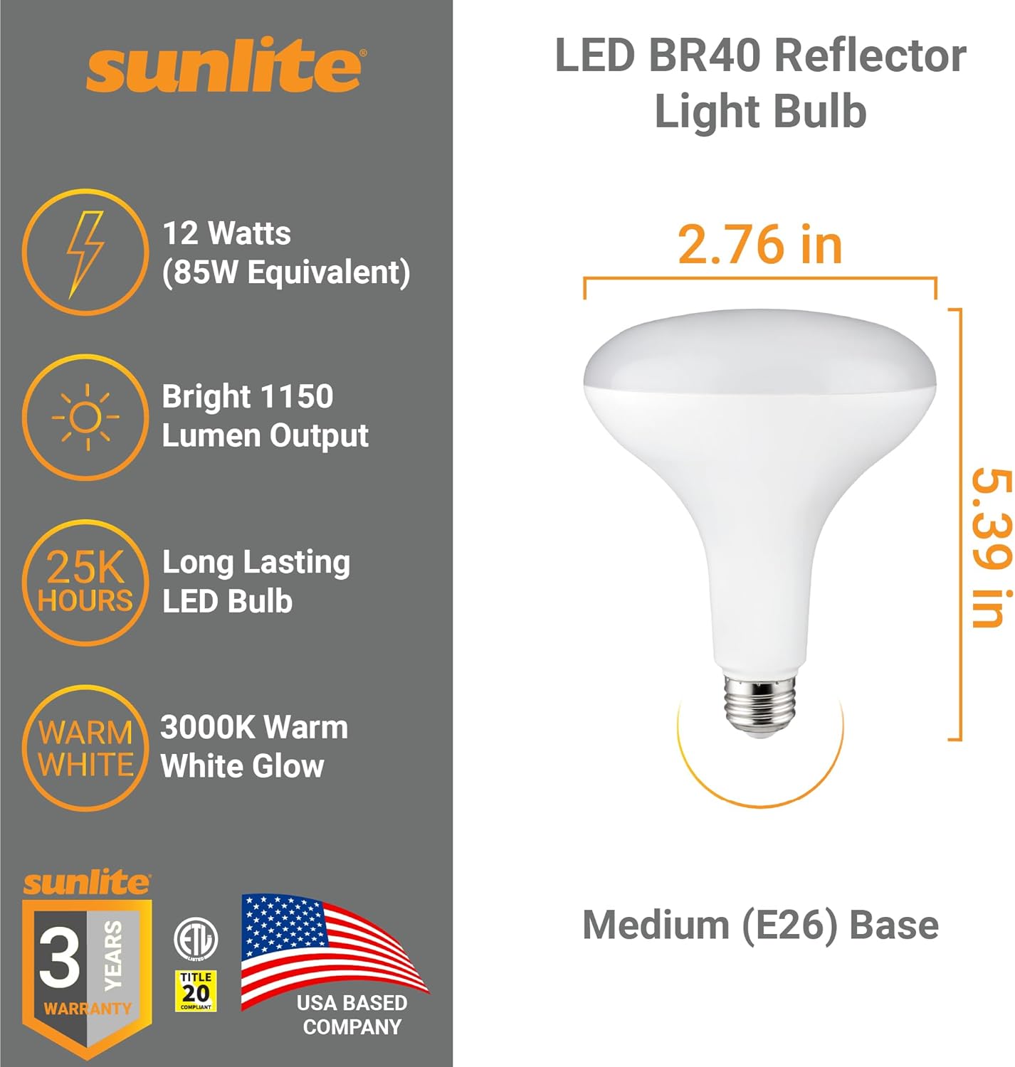Sunlite 81488 LED BR40 Reflector Light Bulb, 12 Watts (85 Watt Equivalent), 120V, 1150 Lumens, Medium E26 Base, 90 CRI, Dimmable, Title-20 Compliant, ETL Listed, 6 Pack, 3000K Warm White